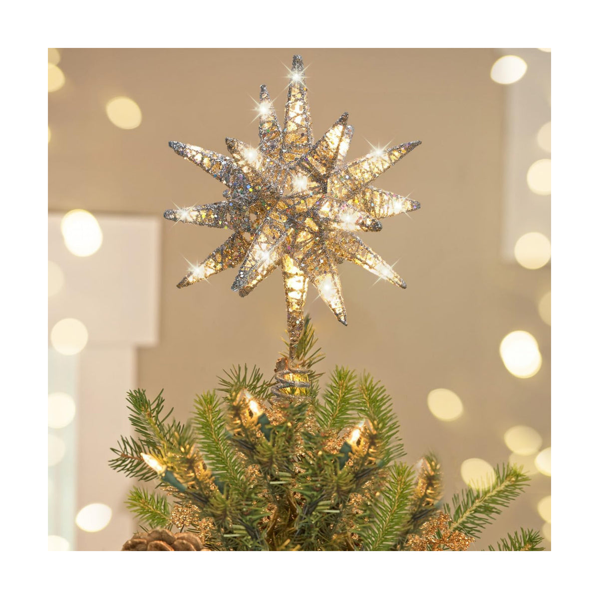Luxspire Christmas Tree Topper, 11" Lighted 3D Starburst Tree Star, Silver