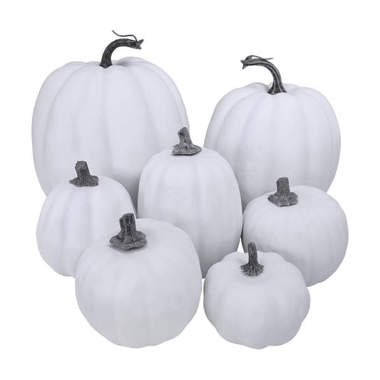 Winlyn 7 Pcs Assorted Sizes Fall Artificial Pumpkins Harvest Pumpkins Faux Foam Pumpkins for Fall Autumn Season Halloween Thanksgiving Harvest Holiday Season Festive Tabletop Decoration (White)