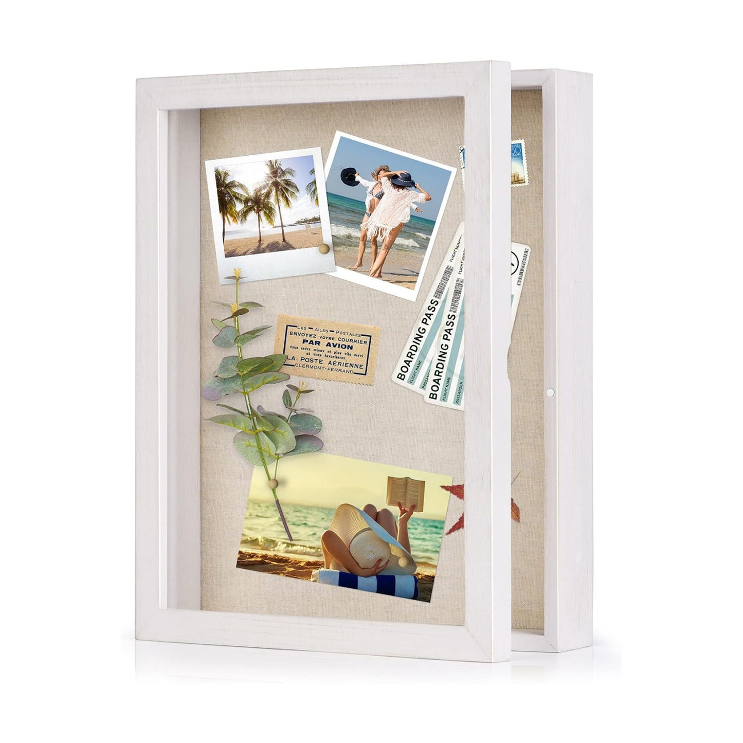 Love-KANKEI Deep Shadow Box 11x14,Wood Frame,Large Memory Box,Rustic White | Front-Opening Glass Magnetic Door,Linen