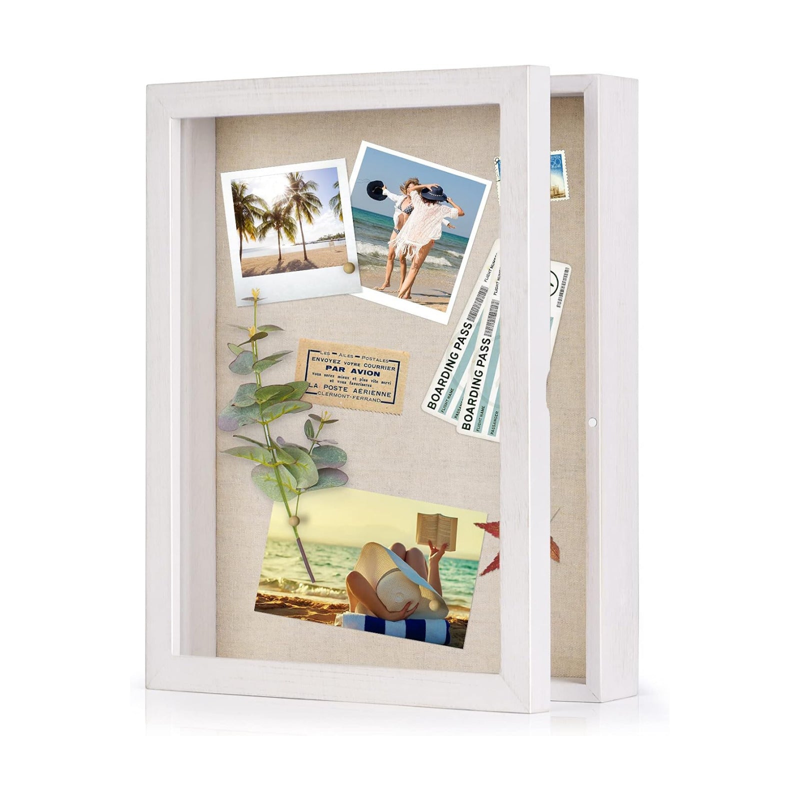 Love-KANKEI Deep Shadow Box 11x14,Wood Frame,Large Memory Box,Rustic White | Front-Opening Glass Magnetic Door,Linen