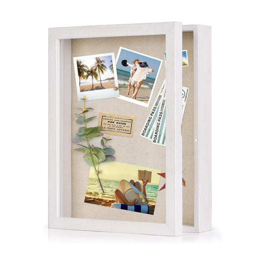 Love-KANKEI Deep Shadow Box 11x14,Wood Frame,Large Memory Box,Rustic White | Front-Opening Glass Magnetic Door,Linen
