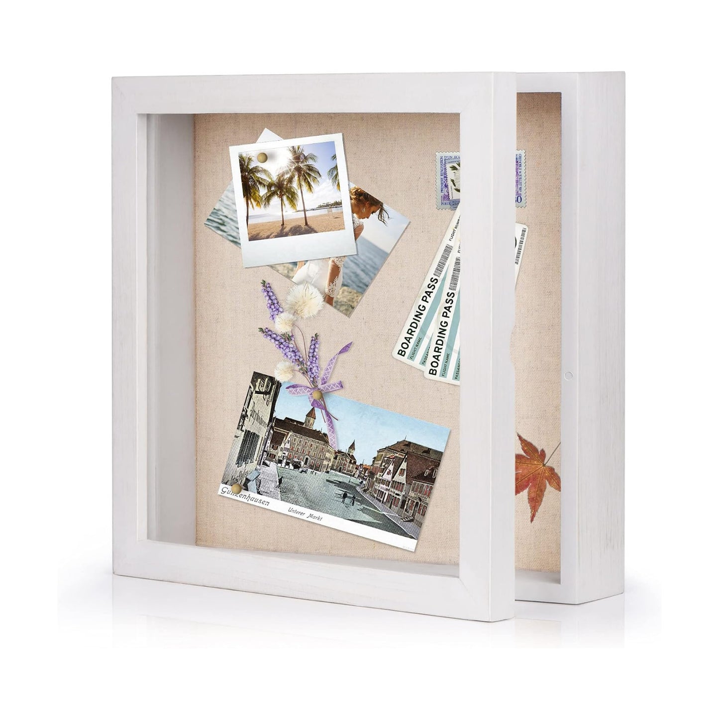 Love-KANKEI Deep Shadow Box 11x11,Solid Wood Frame,Memory Box,Rustic White | Front-Opening Glass Magnetic Door,Linen