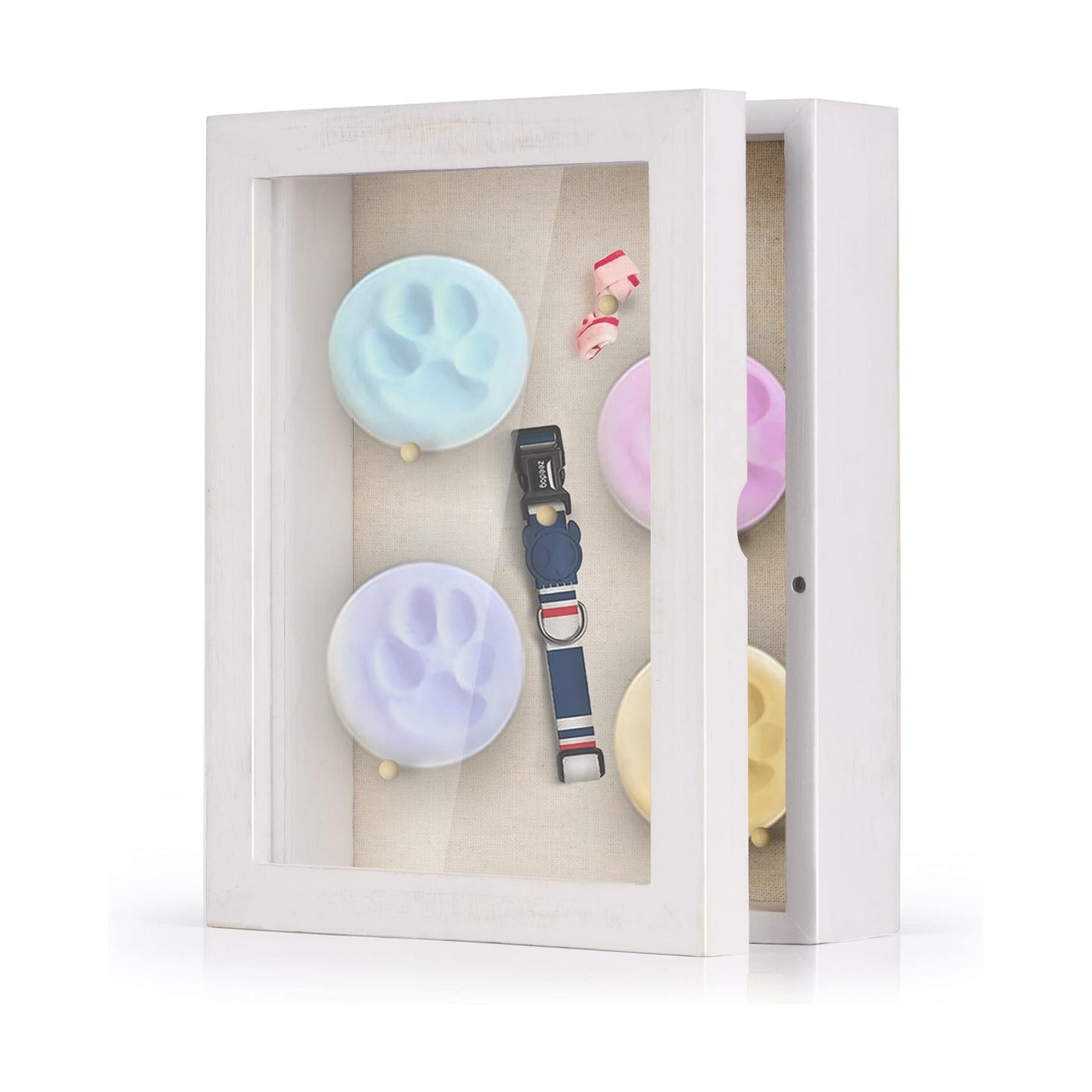 Love-KANKEI Deep Shadow Box 8x10,Solid Wood Frame,Memory Box,Rustic White | Front-Opening Glass Magnetic Door,Linen