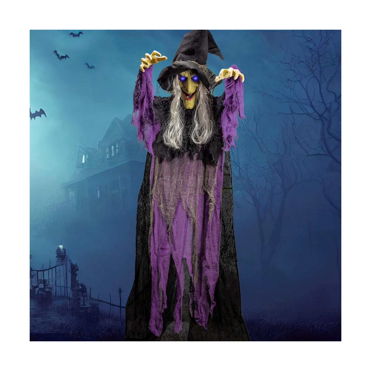 JOYIN 72” Halloween Hanging Witch Decorations Outdoor, Flying Talking Ghost Decor Light Up Eyes Sound Activated, Outside Indoor Haunted House Prop for Lawn Yard Garden, Purple