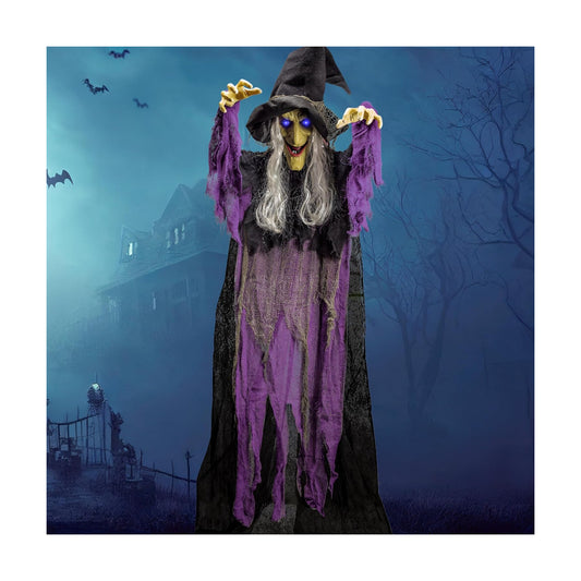 JOYIN 72” Halloween Hanging Witch Decorations Outdoor, Flying Talking Ghost Decor Light Up Eyes Sound Activated, Outside Indoor Haunted House Prop for Lawn Yard Garden, Purple