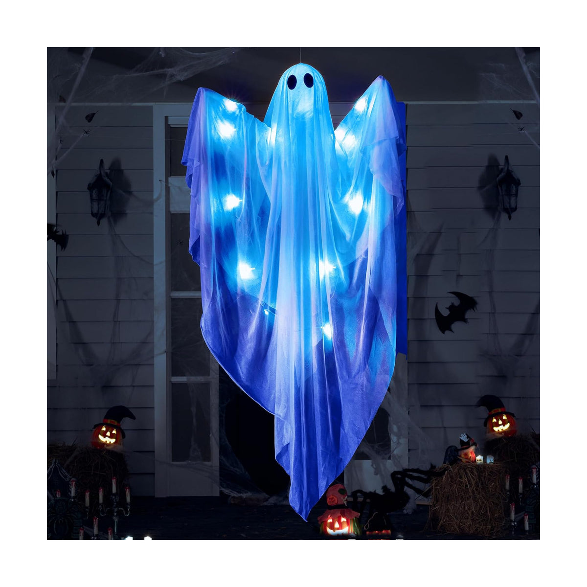JOYIN Halloween Hanging Light up Ghost, 47” White Ghosts with Blue LED Light and Timer Halloween Hanging Decoration Waterproof for Front Yard Patio Lawn Garden Party Decor Indoor Outdoor