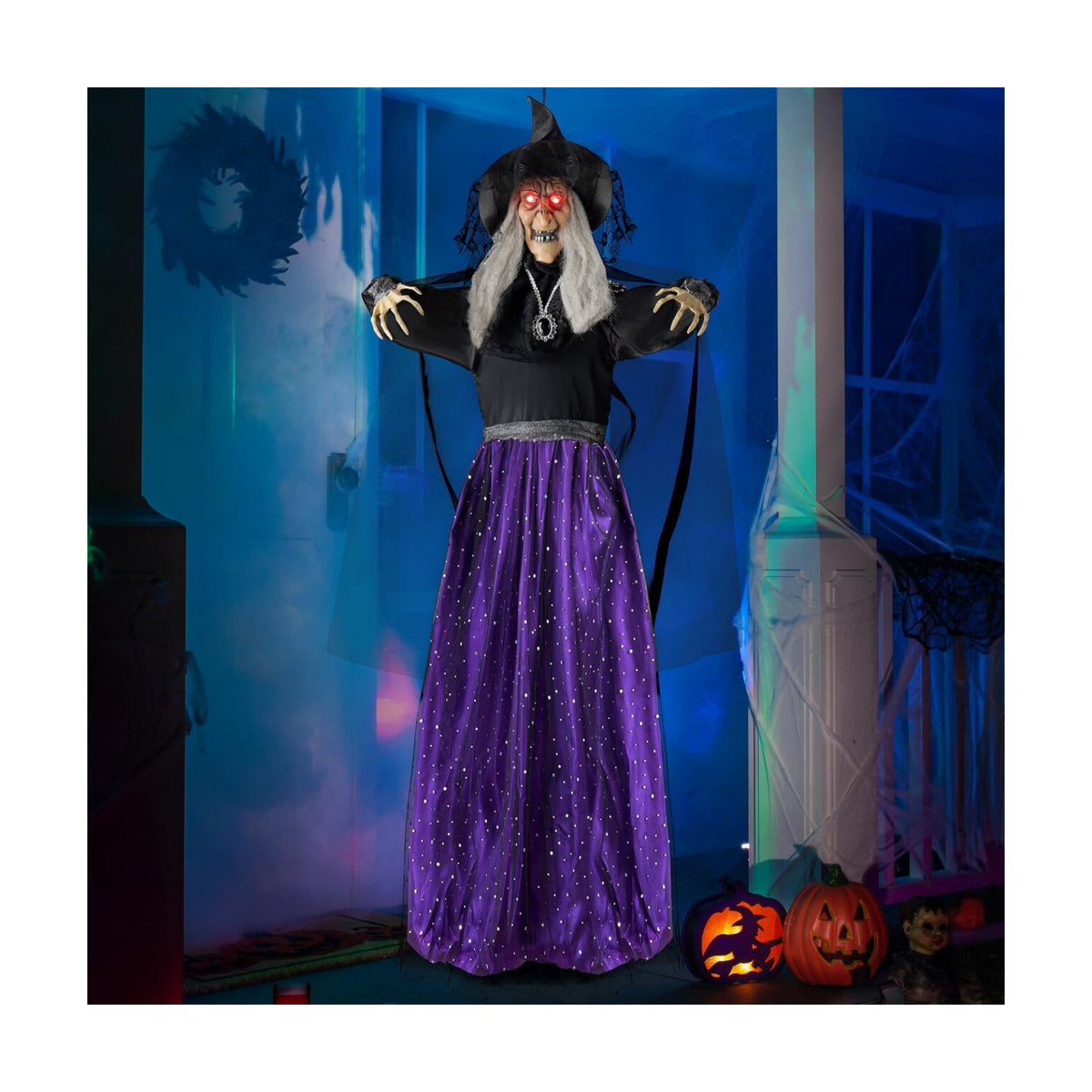 JOYIN 47” Animated Witch Halloween Decorations Outdoor Indoor, Scary Halloween Animatronics Decor, Hanging Ghost Talking Sound Activated Led Lights Eyes Haunted House Yard Garden Lawn