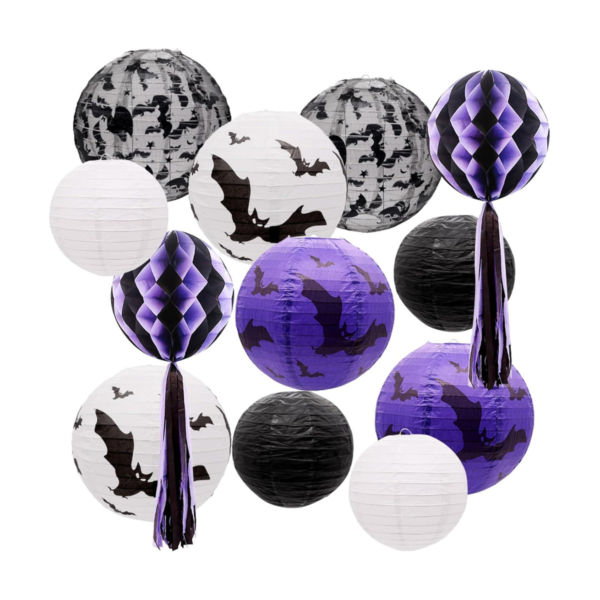 UNIQOOO 12pcs Halloween Paper Lanterns Set, Black White Purple