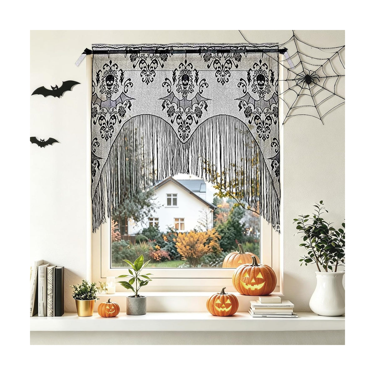 ZeeDix 2 Pcs Halloween Lace Curtains Black Skull Tassel Window Door Curtain