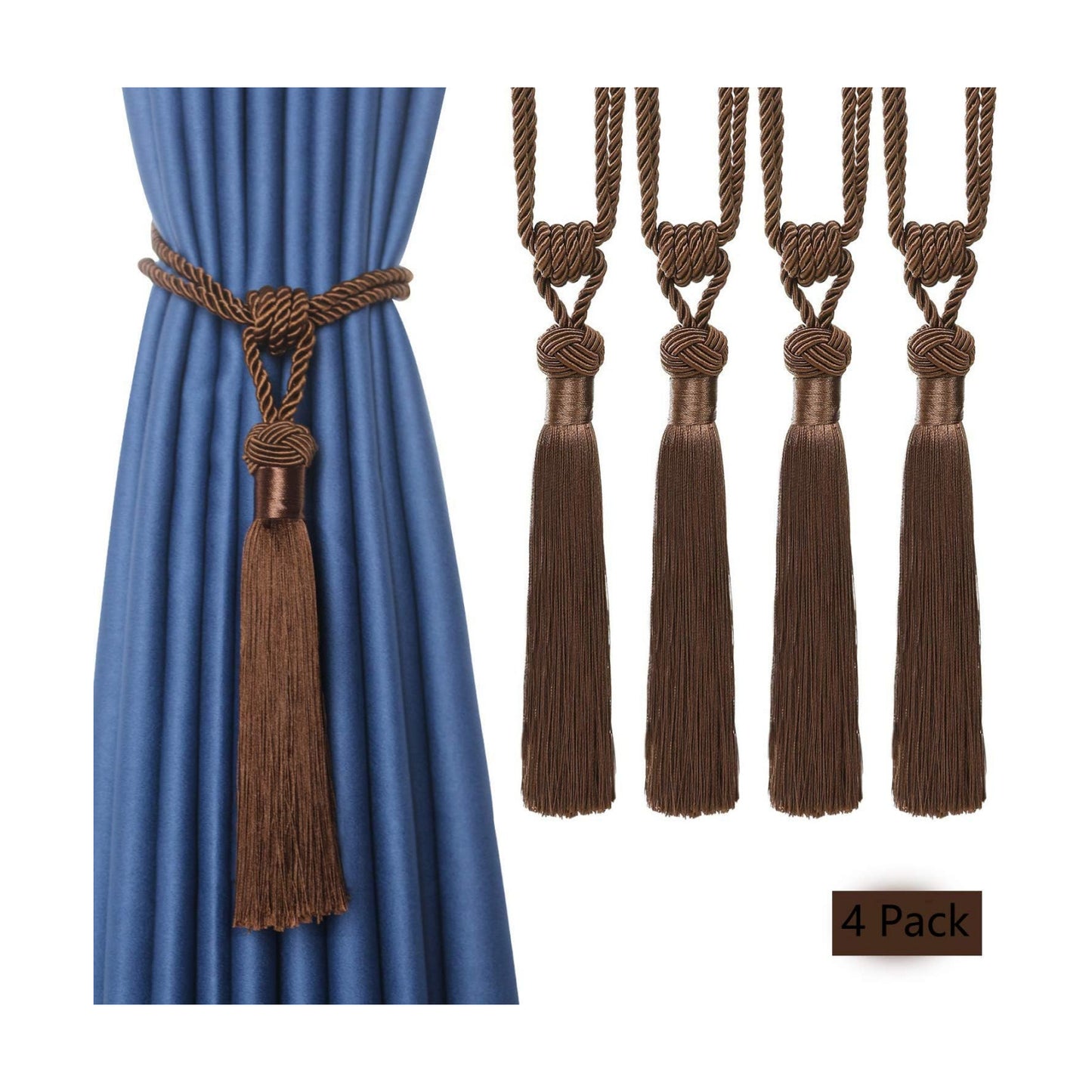 BEL AVENIR 4 Pack Curtain Tiebacks Hand-Woven Tassels Holdbacks | Dark Coffee, Elegant, Home Decorative Tassels Ties
