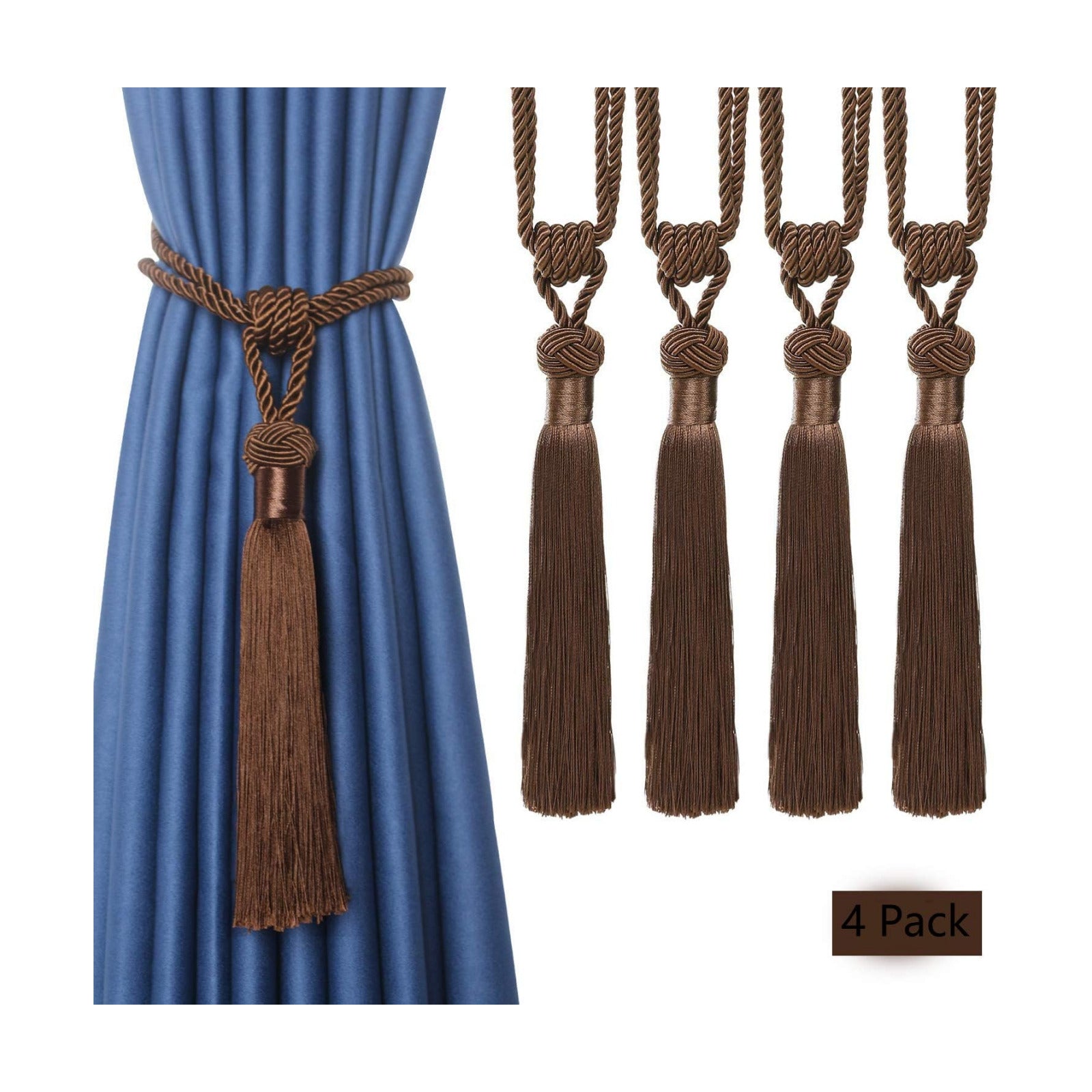 BEL AVENIR 4 Pack Curtain Tiebacks Hand-Woven Tassels Holdbacks | Dark Coffee, Elegant, Home Decorative Tassels Ties