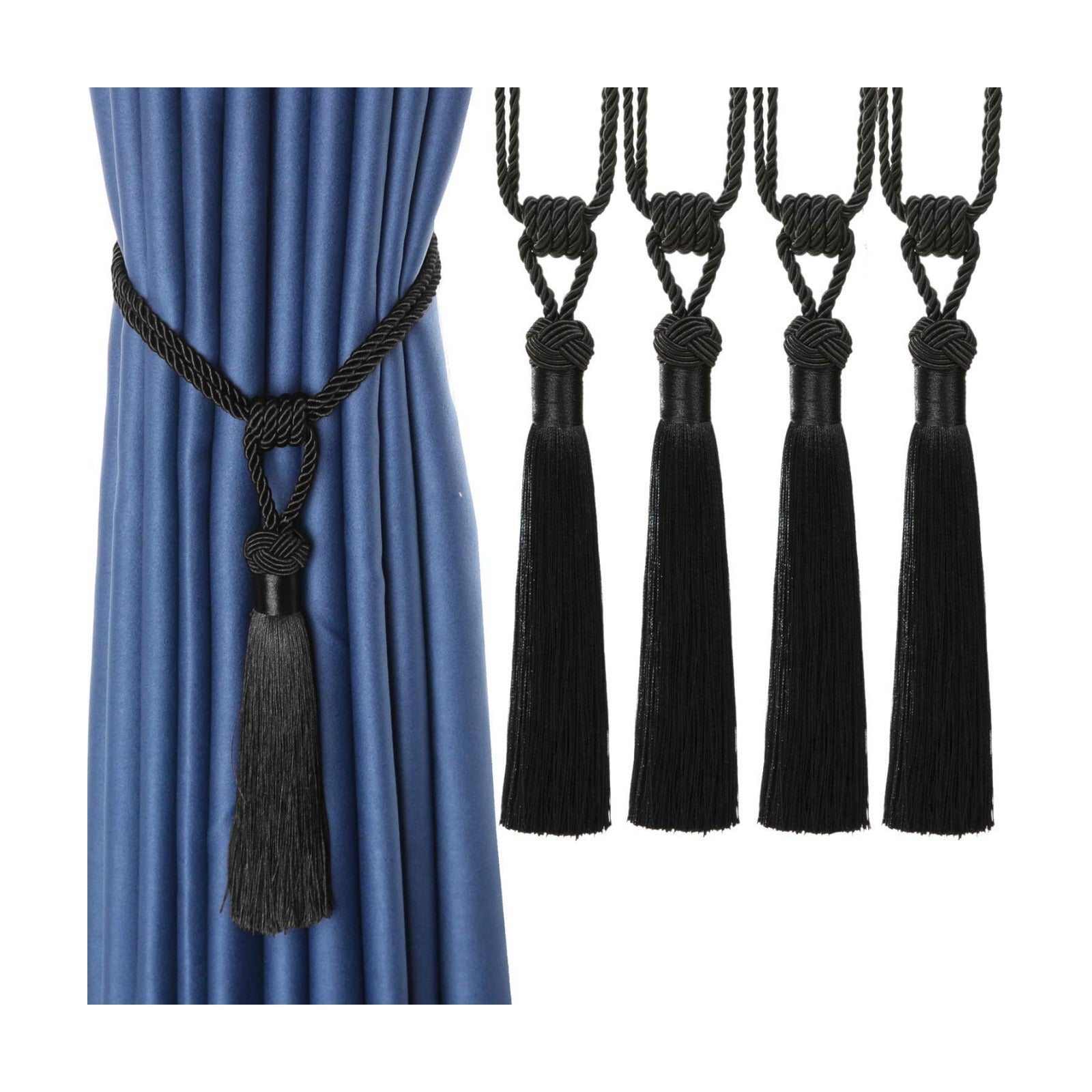BEL AVENIR 4 Pack Curtain Tiebacks Hand-Woven Tassels Holdbacks | Black, Elegant, Home Decorative Tassels Ties for