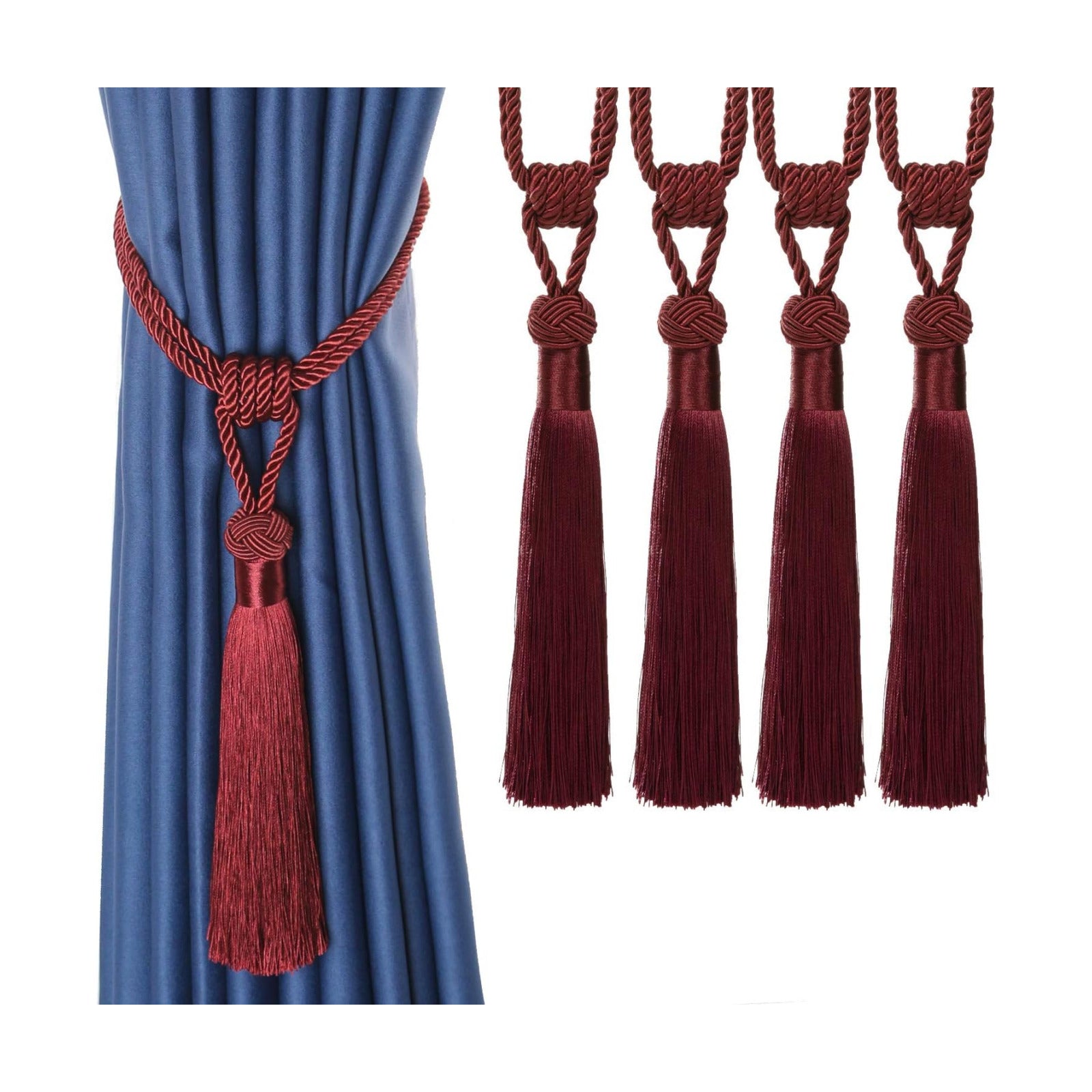 BEL AVENIR 4 Pack Curtain Tiebacks Hand-Woven Tassels Holdbacks | Red, Elegant, Home Decorative Tassels Ties for