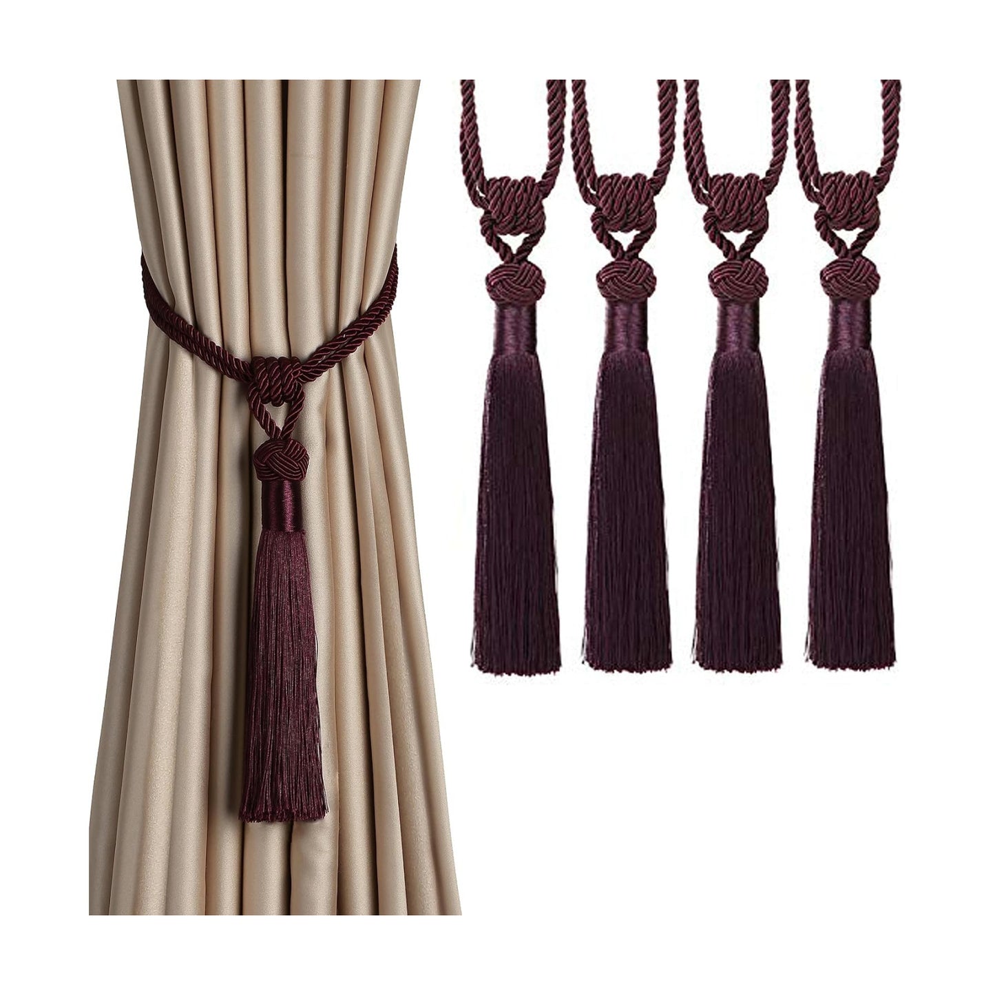 BEL AVENIR 4 Pack Curtain Tiebacks Hand-Woven Tassels Holdbacks | Purple, Elegant, Home Decorative Tassels Ties for