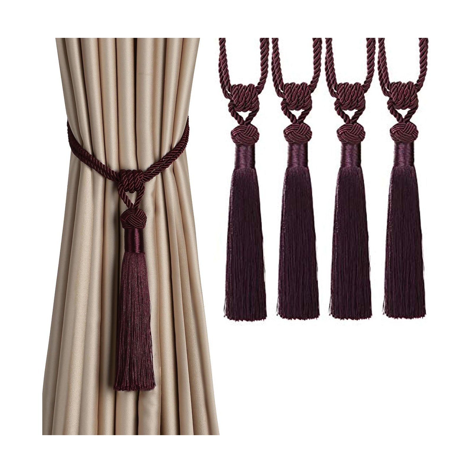 BEL AVENIR 4 Pack Curtain Tiebacks Hand-Woven Tassels Holdbacks | Purple, Elegant, Home Decorative Tassels Ties for