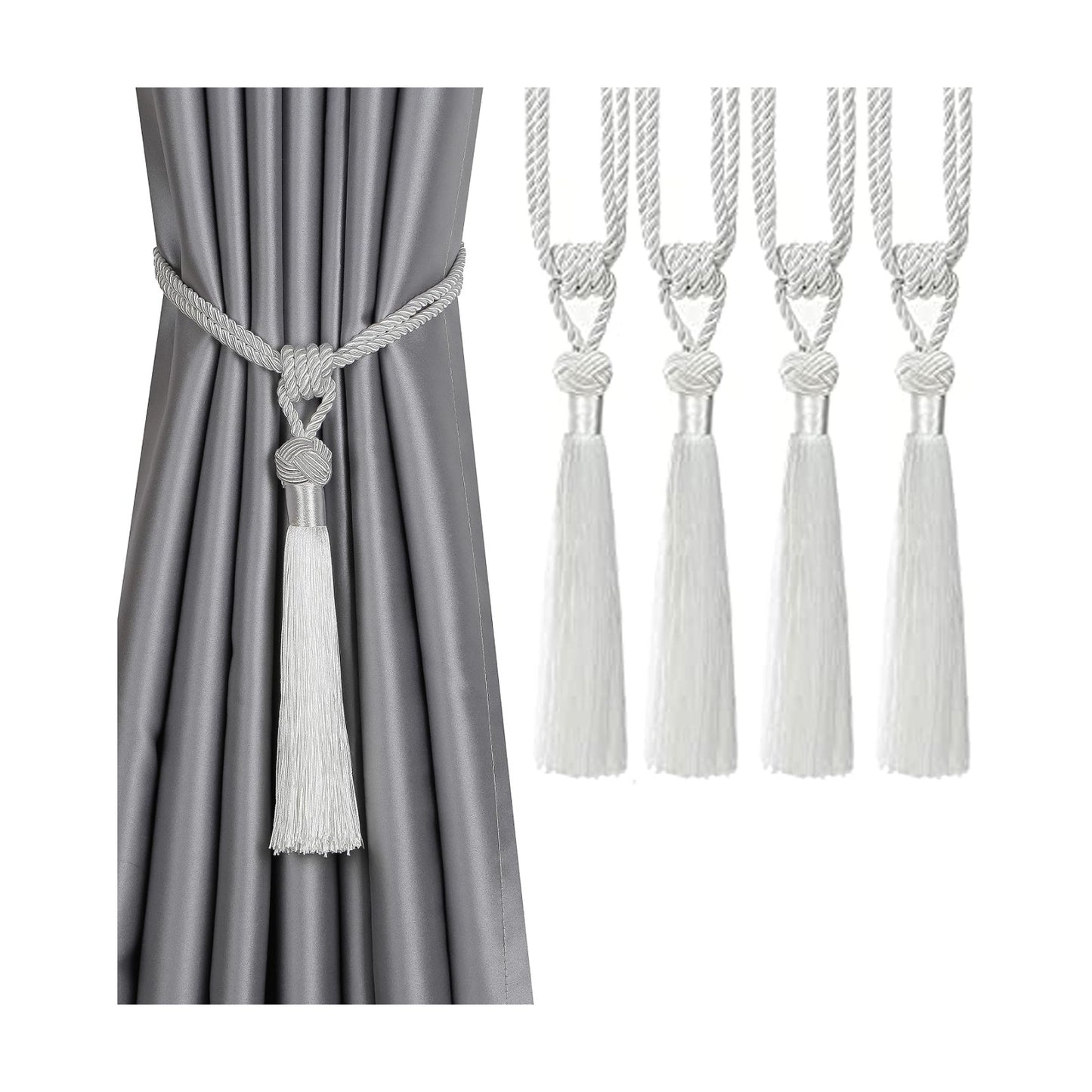 BEL AVENIR 4 Pack Curtain Tiebacks Hand-Woven Tassels Holdbacks | White, Elegant, Home Decorative Tassels Ties for