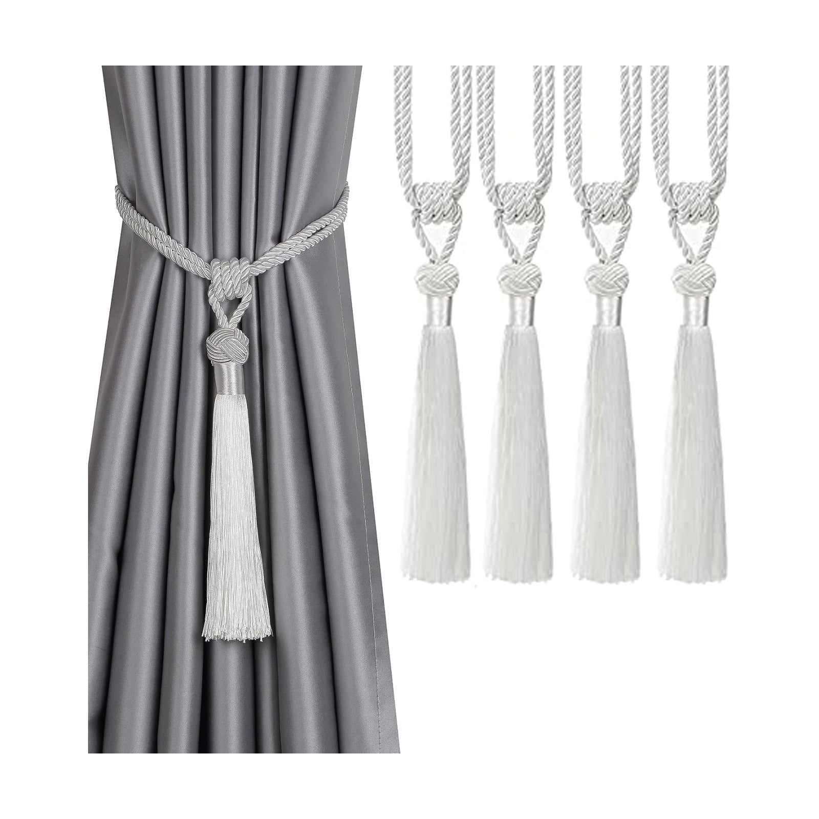 BEL AVENIR 4 Pack Curtain Tiebacks Hand-Woven Tassels Holdbacks | White, Elegant, Home Decorative Tassels Ties for