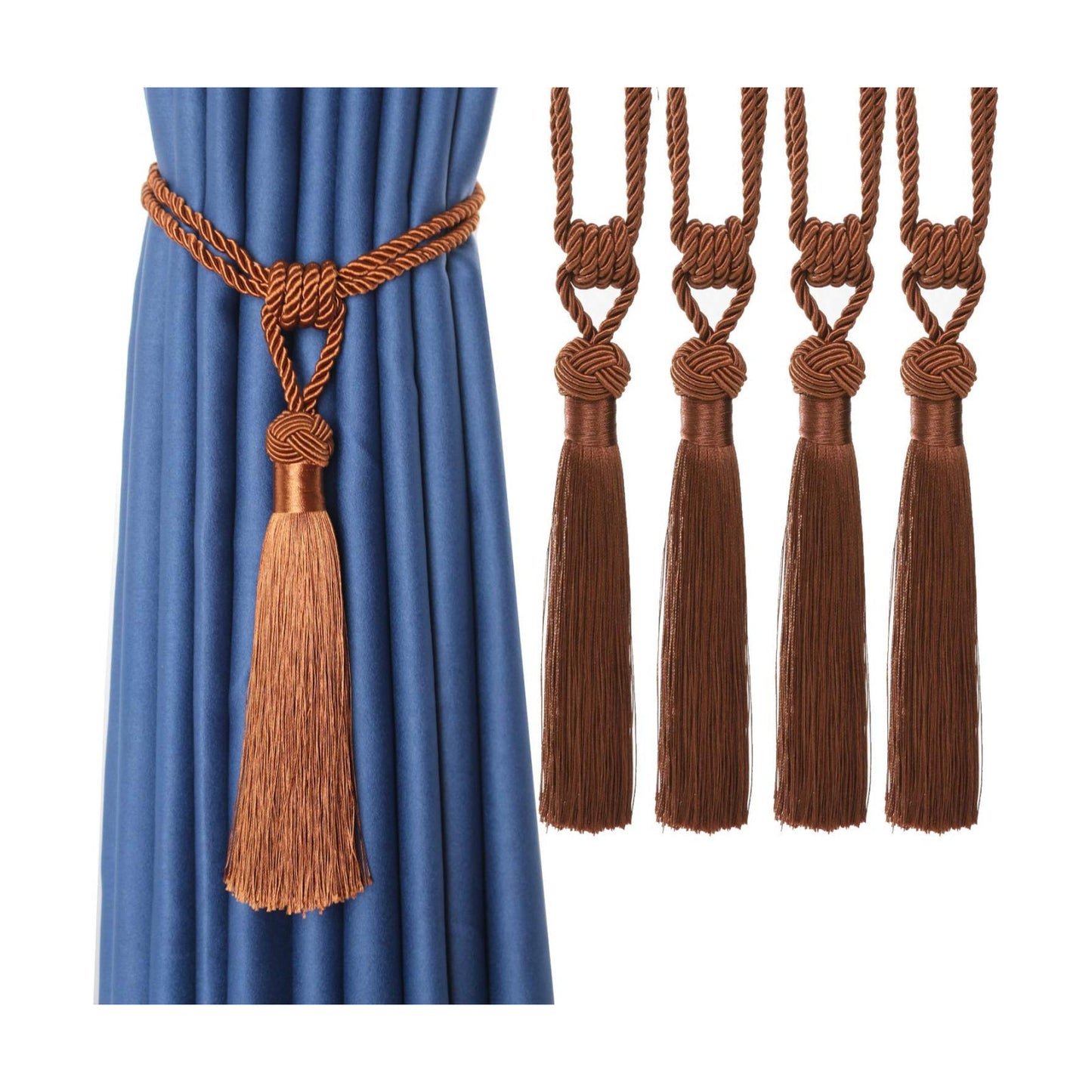 BEL AVENIR 4 Pack Curtain Tiebacks Hand-Woven Tassels Holdbacks | Light Coffee, Elegant, Home Decorative Tassels Ties