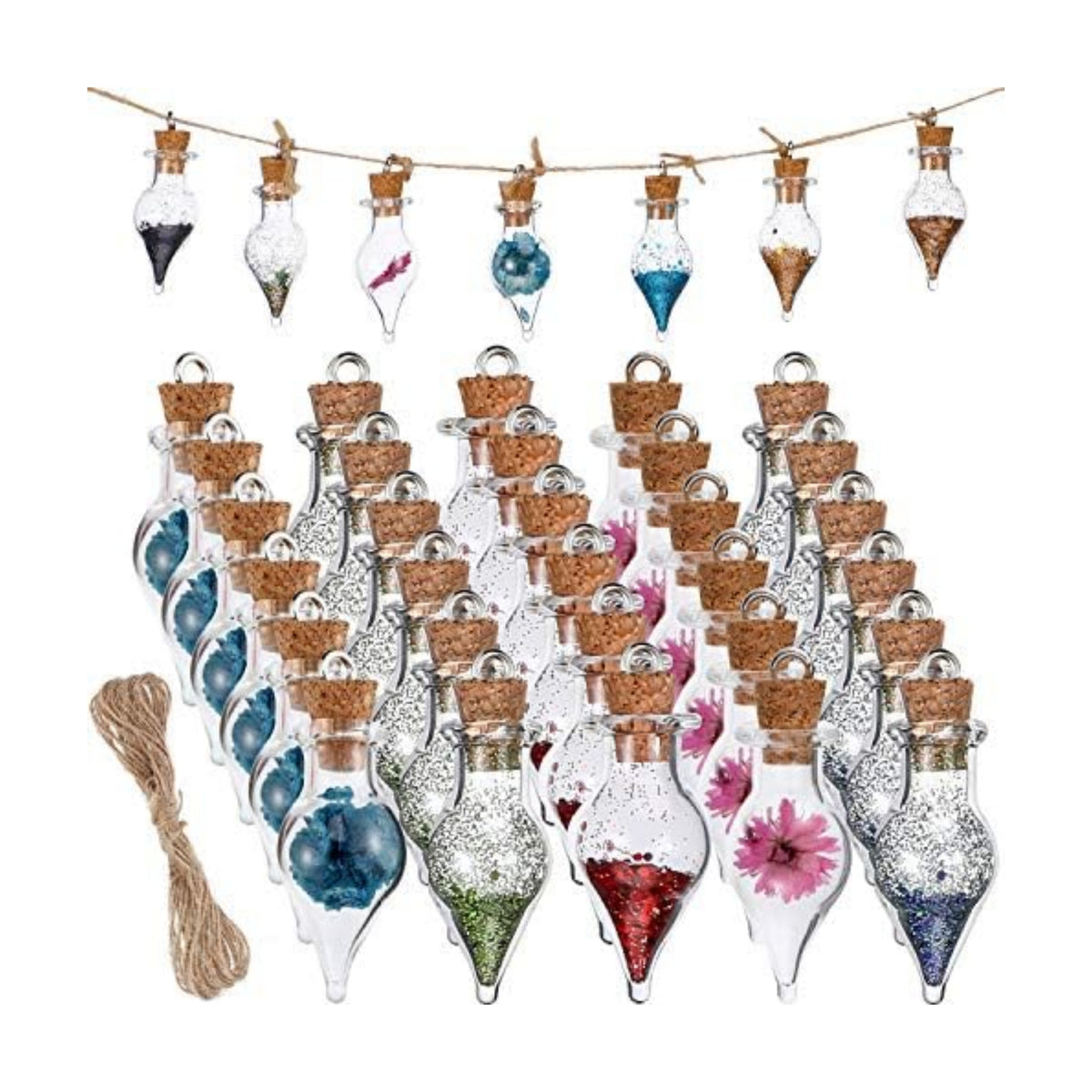 Patelai 30 Pcs Mini Glass Bottles with Cork Glass Tiny Potion Bottles with Lids Clear Mini Wishing Spell Jars with 20 Meters Hanging Rope for Necklace Making Halloween DIY Art Craft(Teardrop-Shaped)