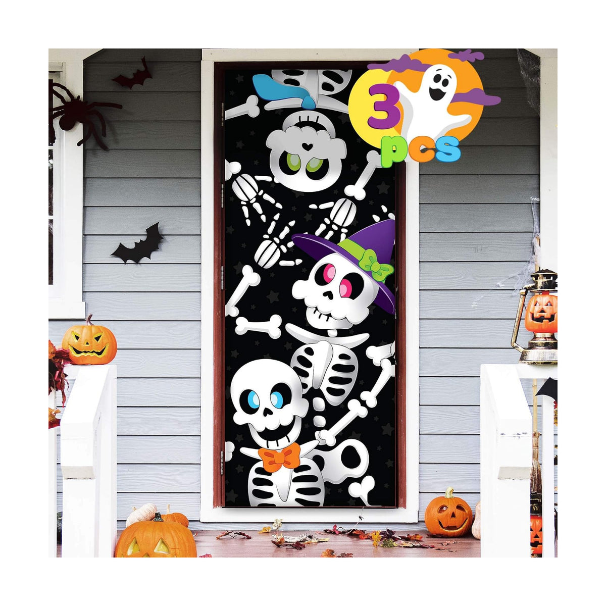 JOYIN 3 Pcs 30”x72” Door Cover Skeleton Halloween Decorations Indoor, Haunted House Home Decor Stickers Party Supplies Favors for Garage Window Wall Cute