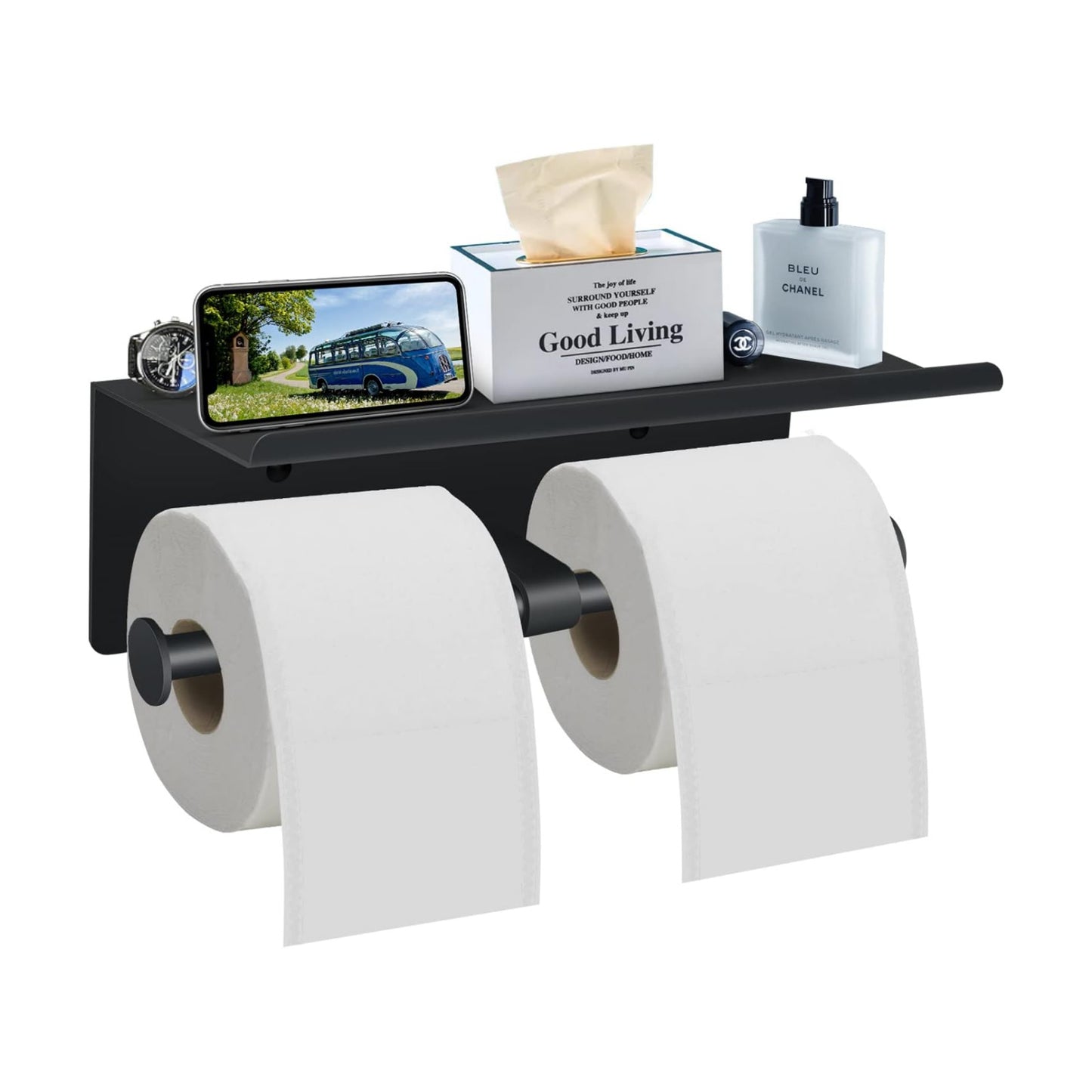 Toilet Paper Holder with Shelf Wall Mounted Toilet Paper Storage, Double Roll Tissue Holder Dispenser Bathroom Toilet