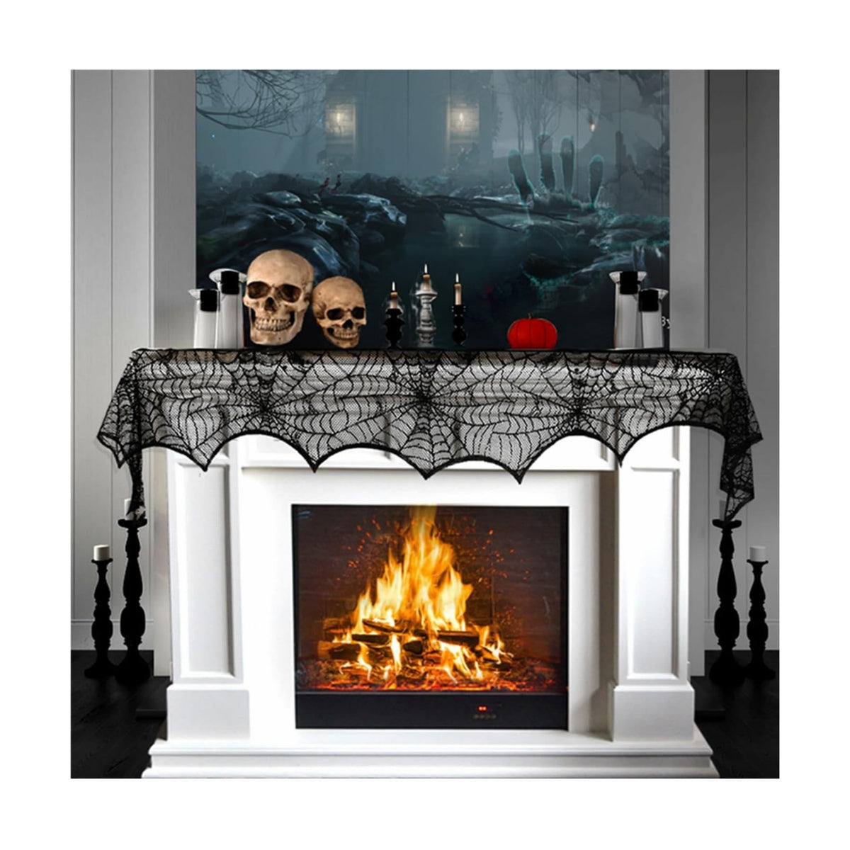 Halloween Cobweb Fireplace Scarf, Black Lace Spiderweb Mantle Scarf for Halloween Home Party Supplies, 18 x 96 inch