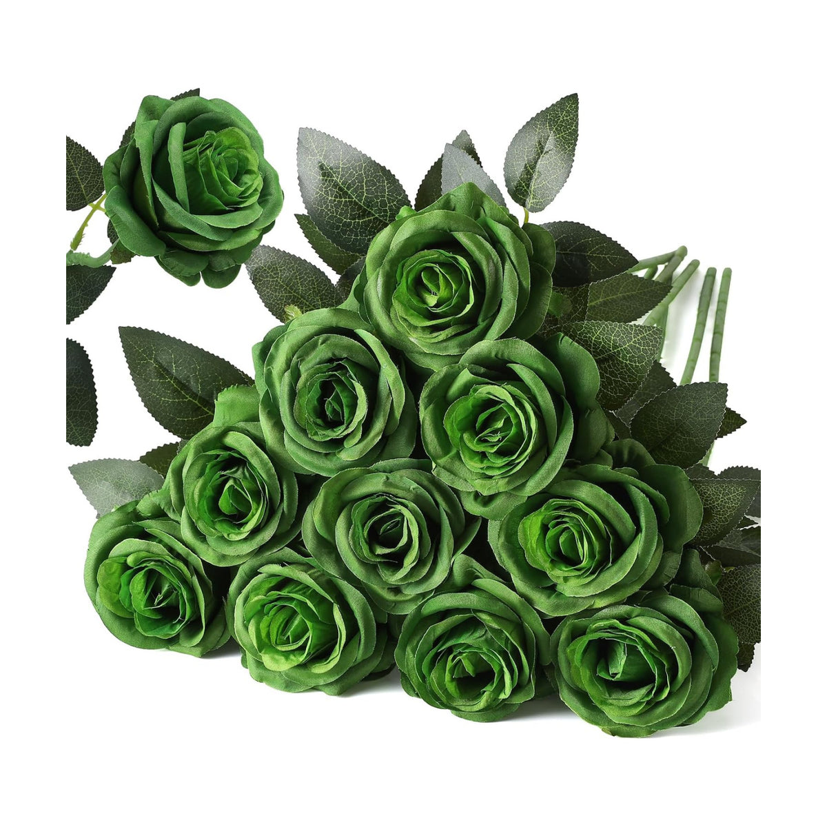 10pcs Dark Green Roses Artificial Flowers, Realistic Faux Rose with Stem