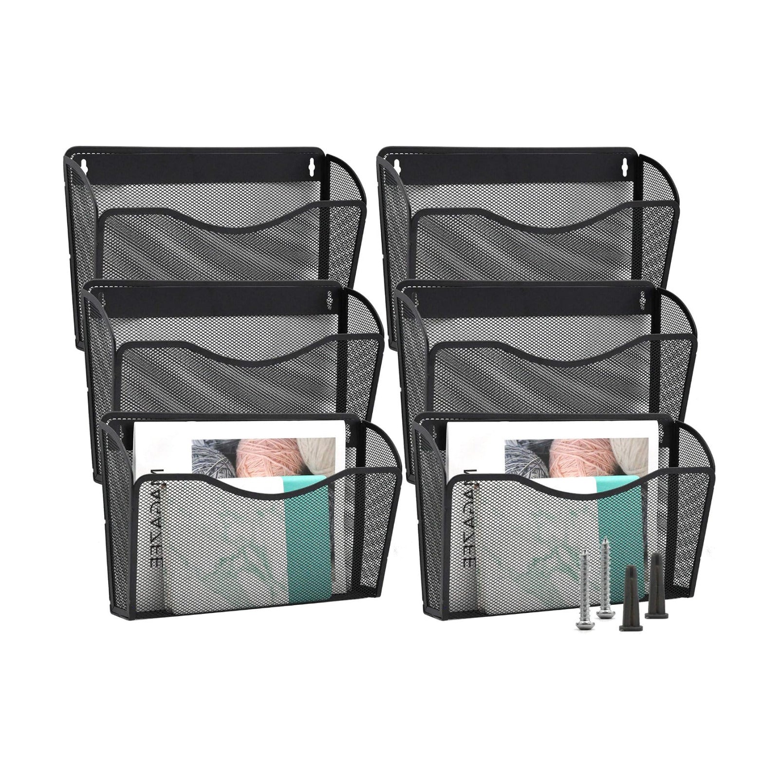 6 Single Pocket Mesh Hanging File Organizer, Vertical Wall Mounted Magazine File Holder, Mount Basket Mail Paper