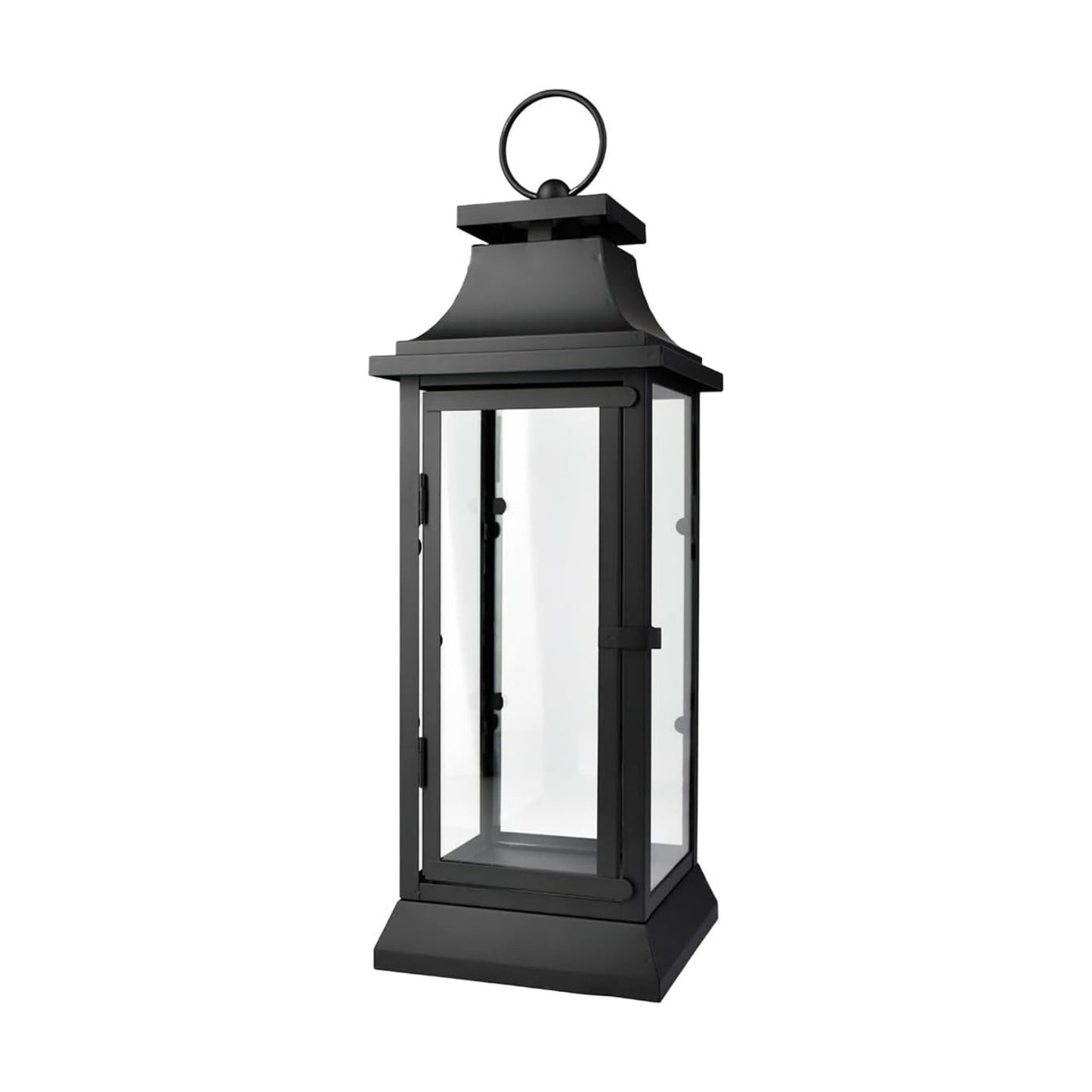Serene Spaces Living Black Metal Hurricane Lantern with Clear Glass Panels – Hanging or Tabletop Decorative Lantern for