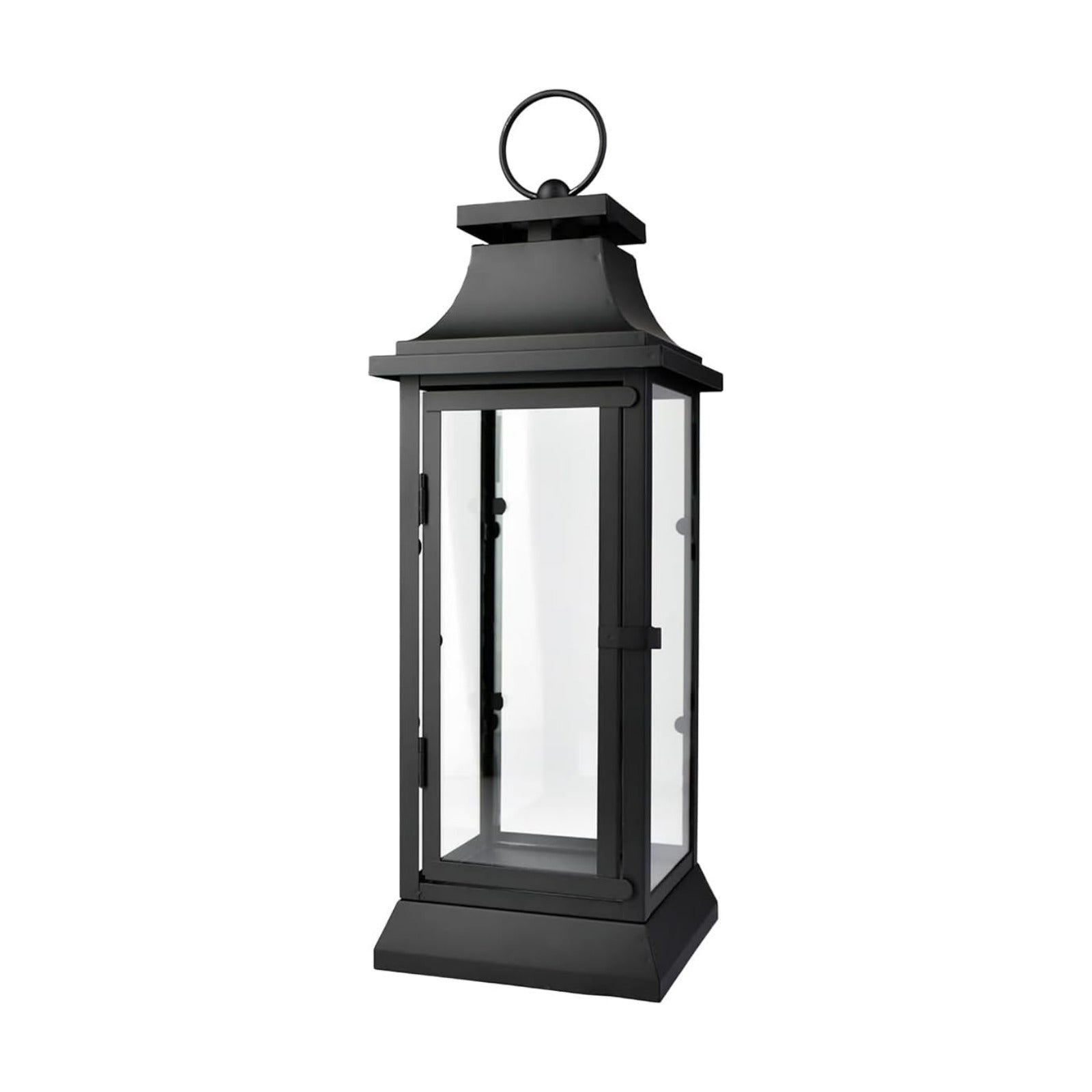 Serene Spaces Living Black Metal Hurricane Lantern with Clear Glass Panels – Hanging or Tabletop Decorative Lantern for