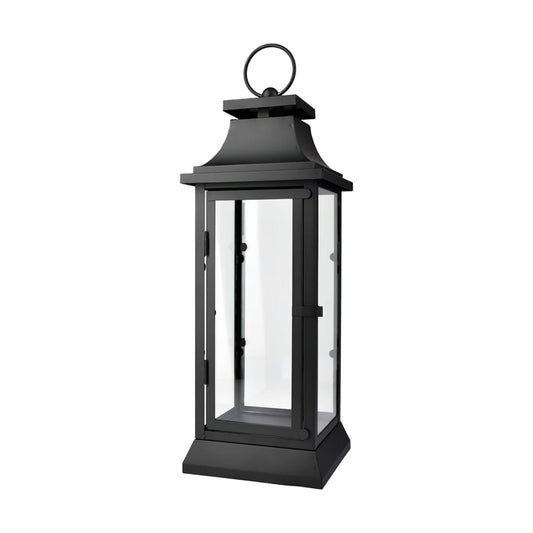 Serene Spaces Living Black Metal Hurricane Lantern with Clear Glass Panels – Hanging or Tabletop Decorative Lantern for