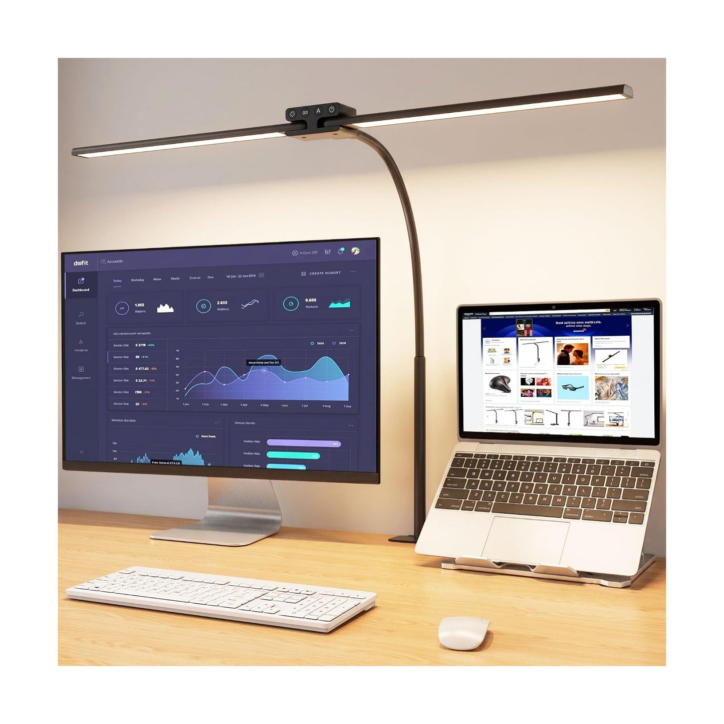 24W Led Desk Lamps with Clamp for Office Home, 31.5-in Double Head, Black | Dual Screen Computer Monitor Desk