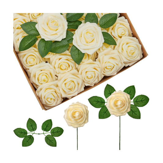 InnoGear Artificial Flowers, 50 Pcs Cream Foam Fake Roses Bulk with Stems for Decoration DIY Wedding Bouquets Centerpieces Bridal Shower Party Christmas Tree