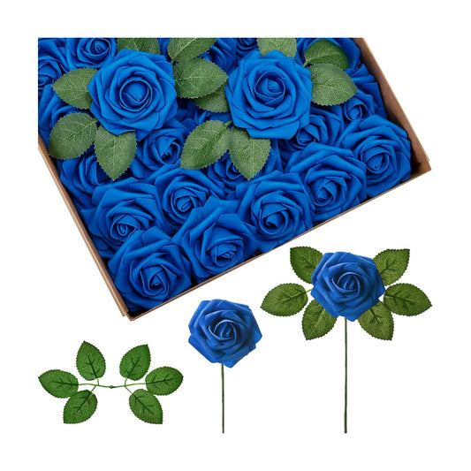 InnoGear Fake Roses 50 Pcs Royal Blue Flowers Artificial Faux Foam Floral