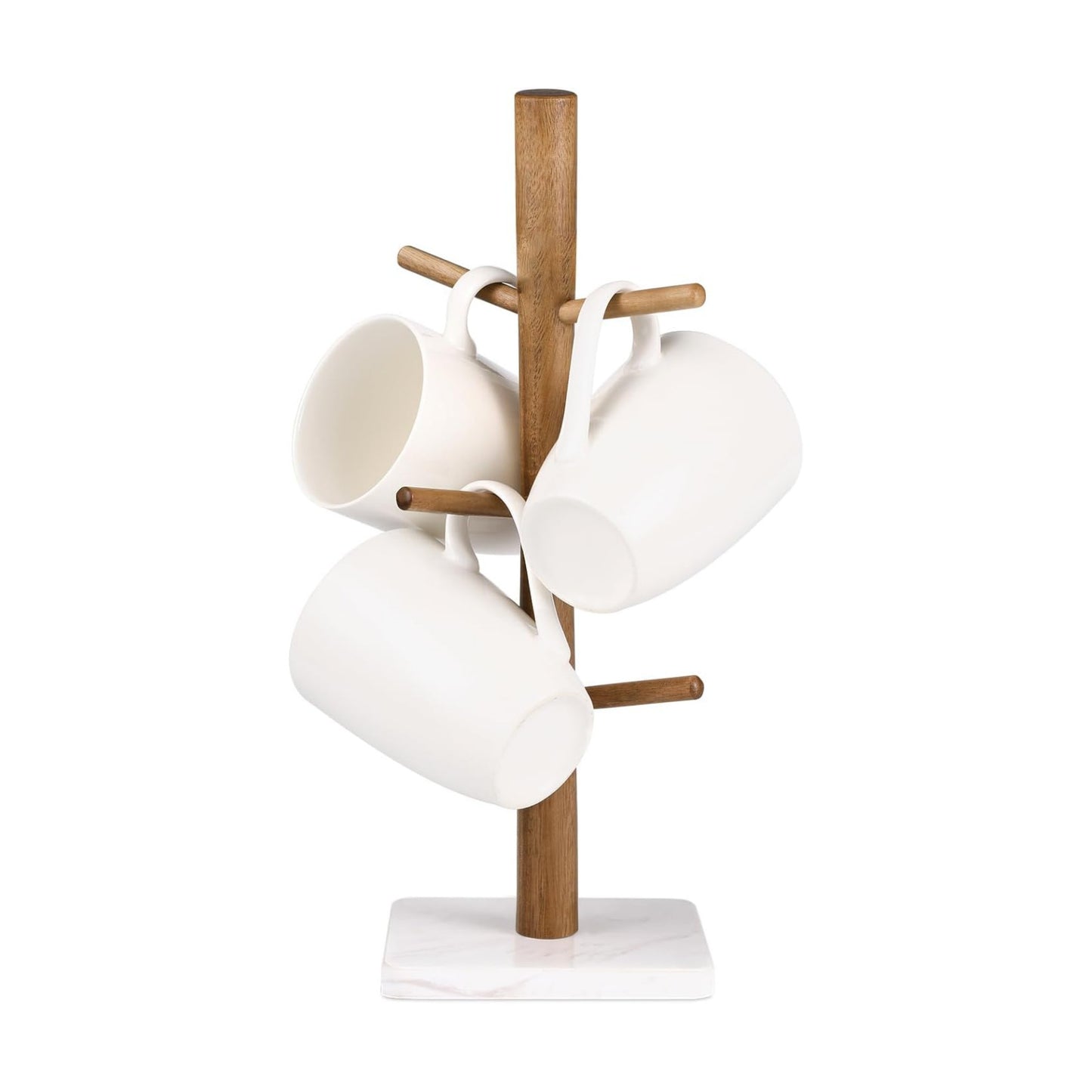 Buruis Acacia Wood Mug Holder with Marble Base, 6 Hook Mug Tree, White | Coffee Mug Rack for Countertop, Space-Saving