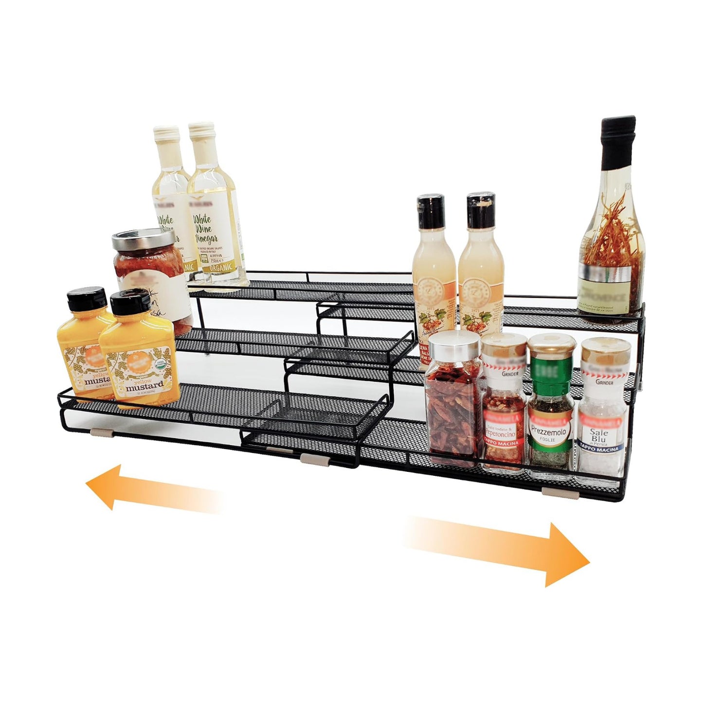 3 Tier Wide Expandable Cabinet Spice Rack Organizer (14.5" to 29.1") - Step Shelf with Protection Railing, Black