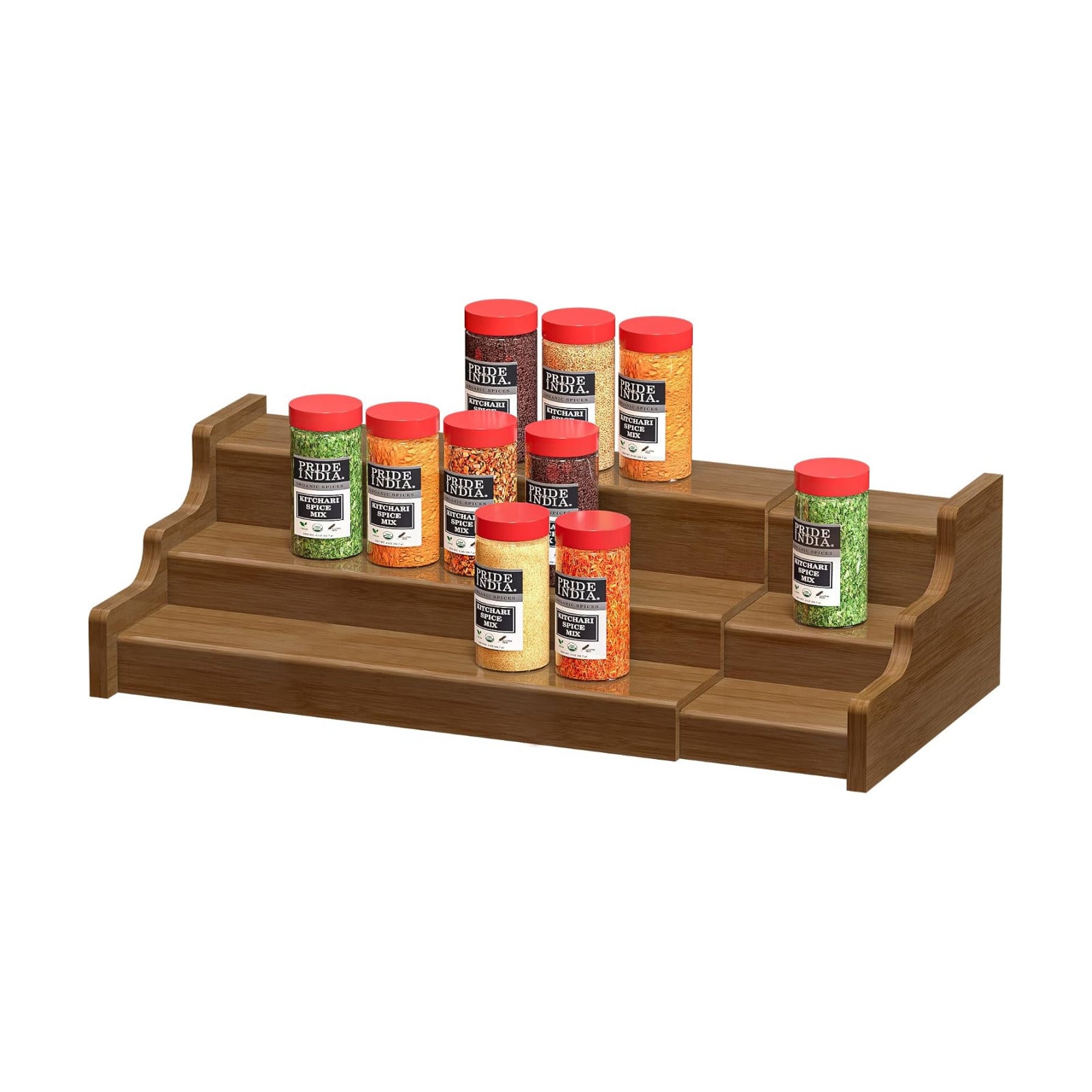 Bamboo Spice Rack Cabinet Organizer - 3 Tier Wooden Expandable Walnut Display Shelf