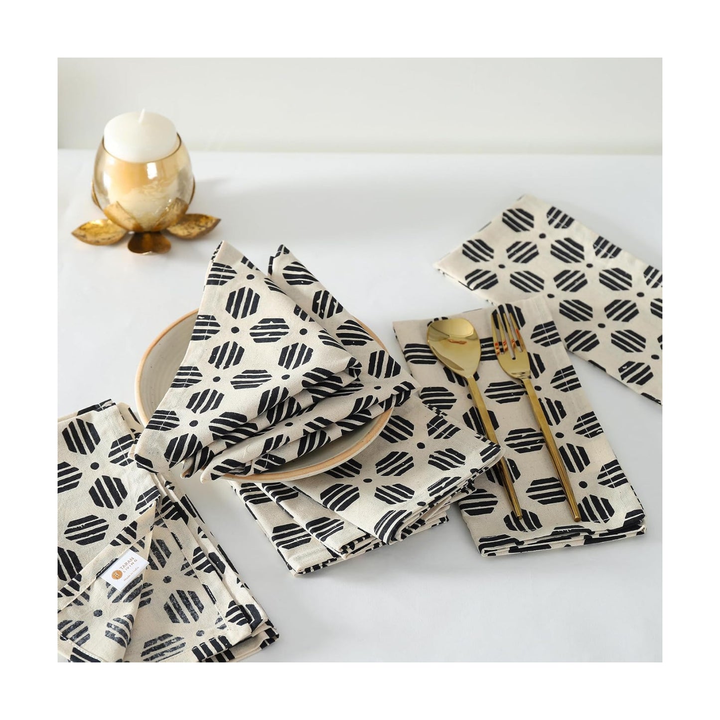Taran Geometric Beige Print Cotton Dinner Napkins Set of 12 | 18x18 Inches | 100% Natural, Reusable Linens for Dinner