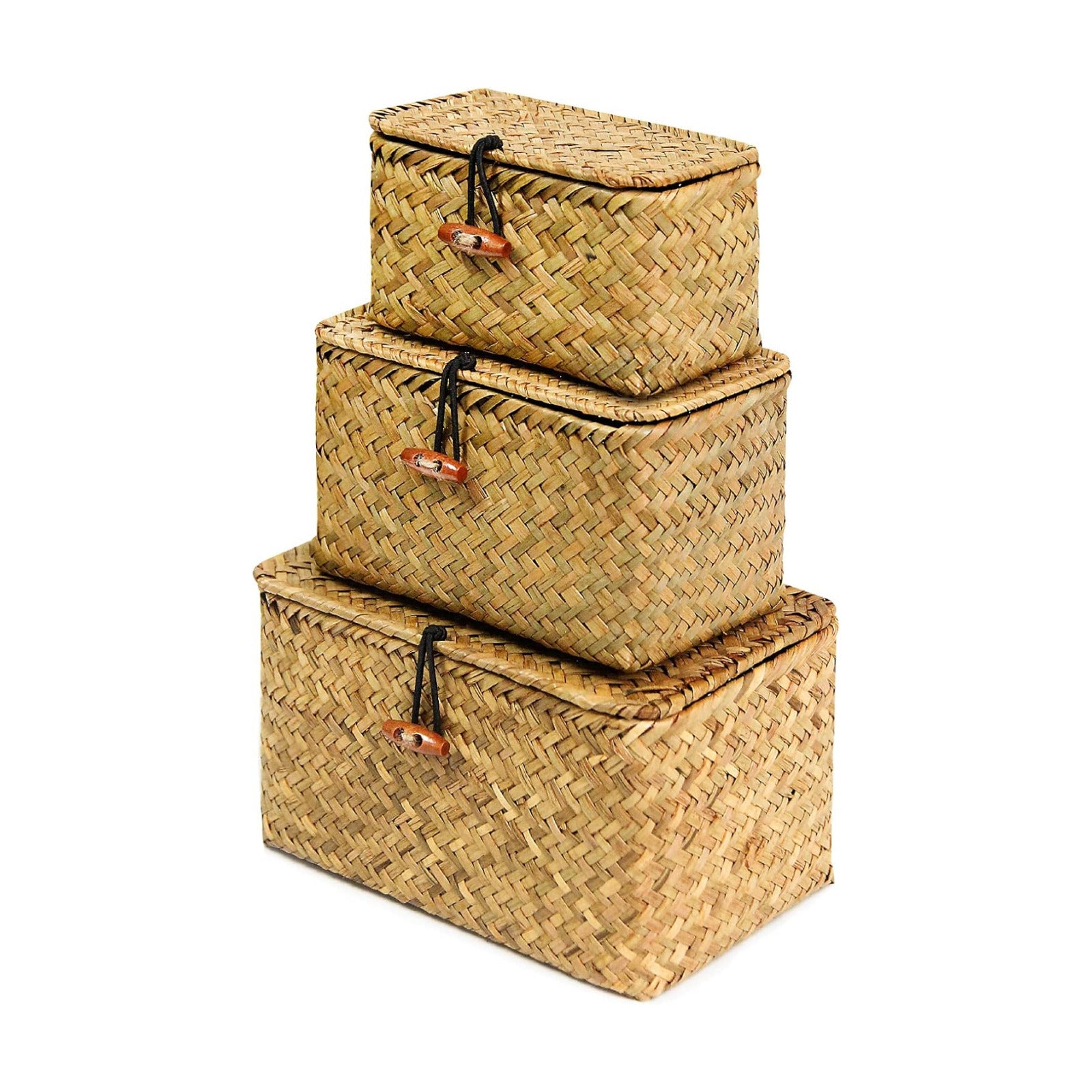 Lid Handwoven Seagrass Storage Box Wicker Basket Desktop Makeup Organizer / Original / Set of 3
