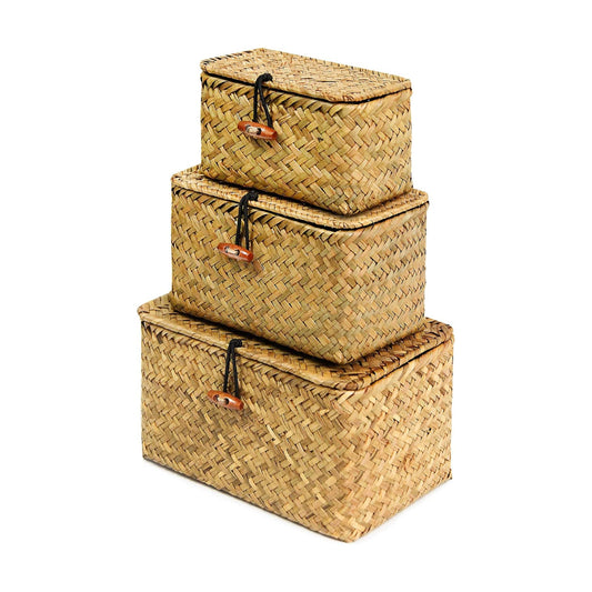 Lid Handwoven Seagrass Storage Box Wicker Basket Desktop Makeup Organizer / Original / Set of 3