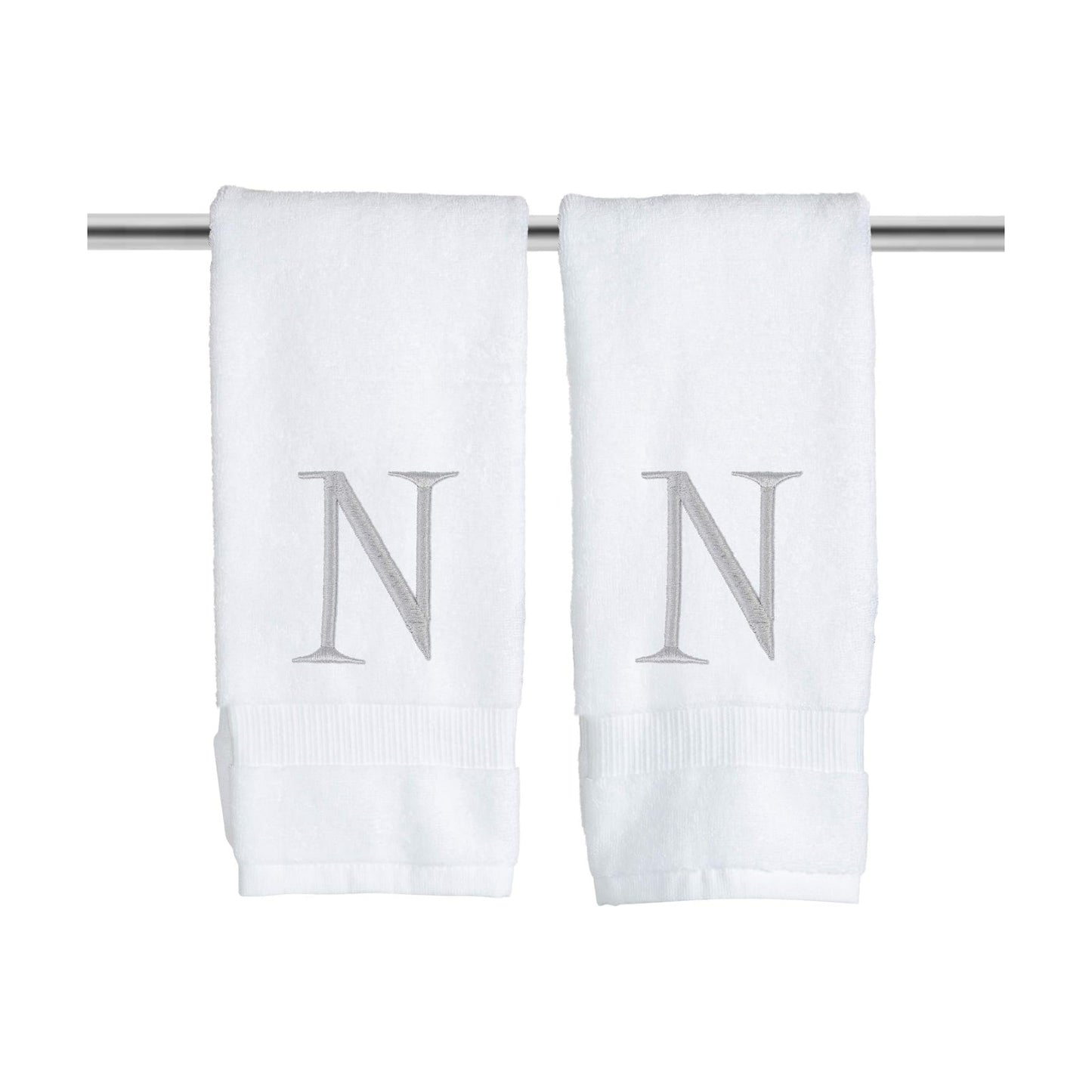 White with Silver Monogrammed Hand Towels for Bathroom - Set of 2 Letter N | Luxury Hotel Quality Initial Towels For