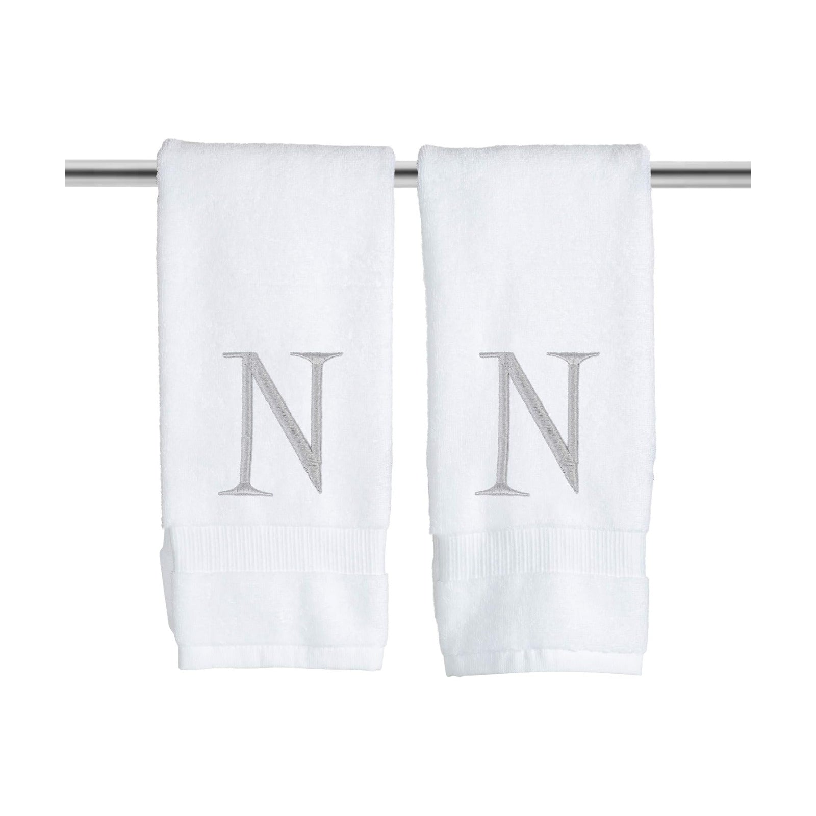 White with Silver Monogrammed Hand Towels for Bathroom - Set of 2 Letter N | Luxury Hotel Quality Initial Towels For