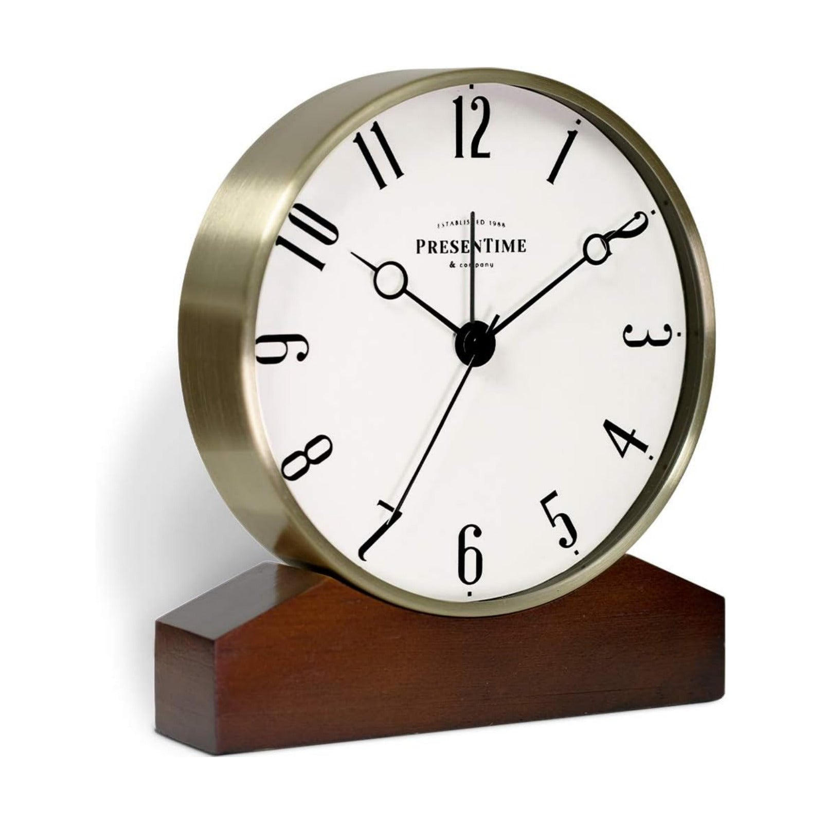 Mozart Mantel Alarm Clock | Desk & Shelf Clock, 6 x 5.5 Inch, Silent Non-Ticking, Wooden Base, Walnut Finish, Gold