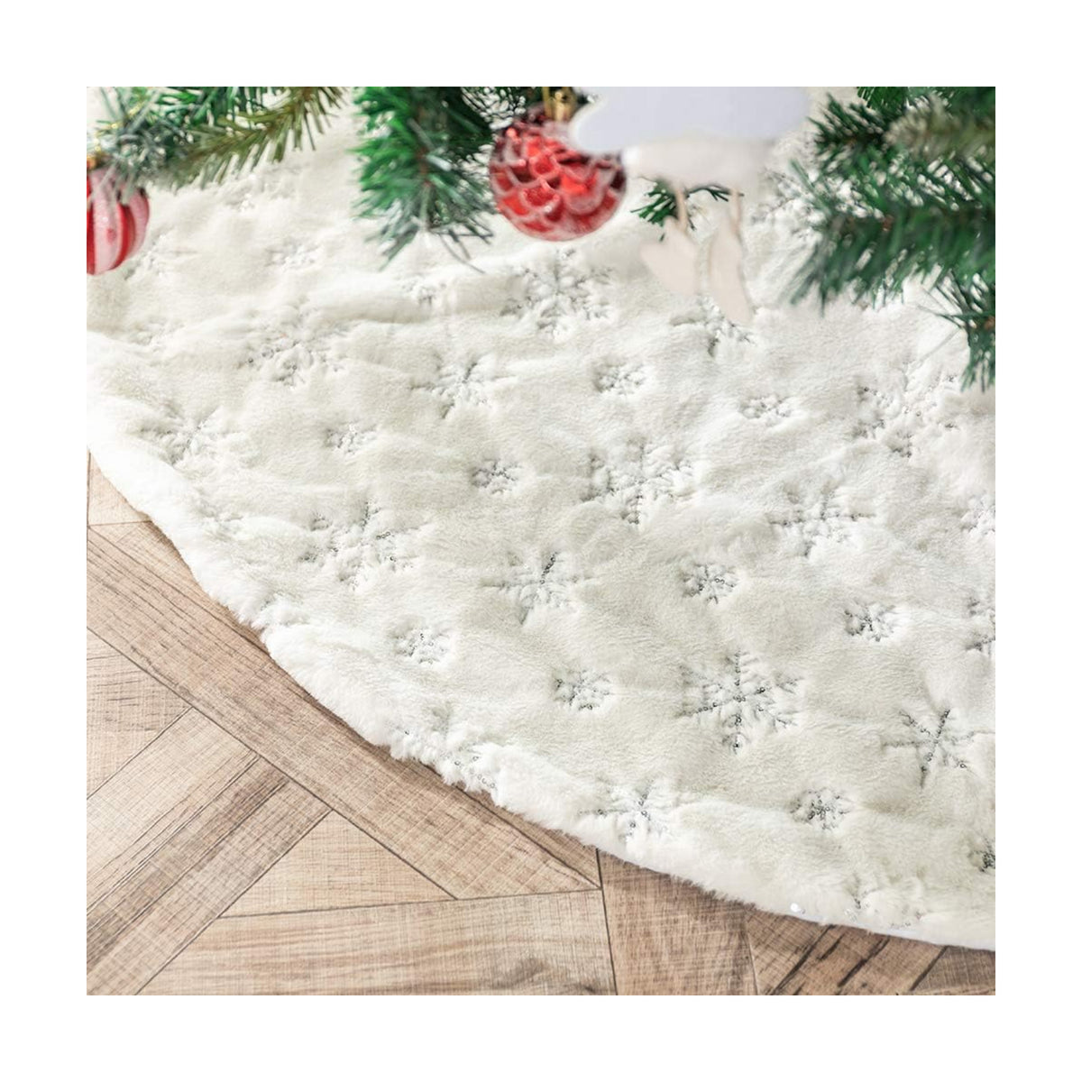 Christmas Tree Skirt 30 inches White Faux Fur Silver Snowflake Sequin Embroidered Luxury Tree Skirt Xmas Decoration