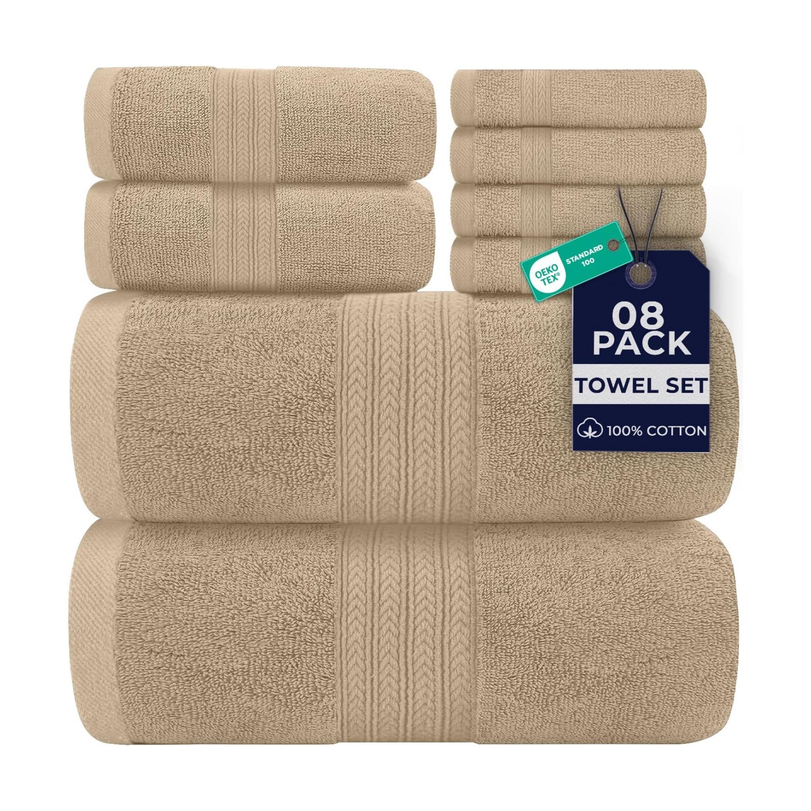 DAN RIVER 8 Piece Luxury Bath Towels for Bathroom, Towel Set, Tan | 2 Bath towels, 2 Hand towels, and 4 Wash Cloths