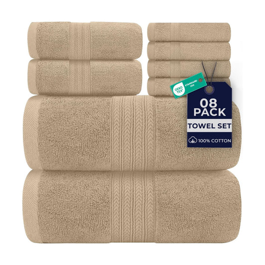 DAN RIVER 8 Piece Luxury Bath Towels for Bathroom, Towel Set, Tan | 2 Bath towels, 2 Hand towels, and 4 Wash Cloths