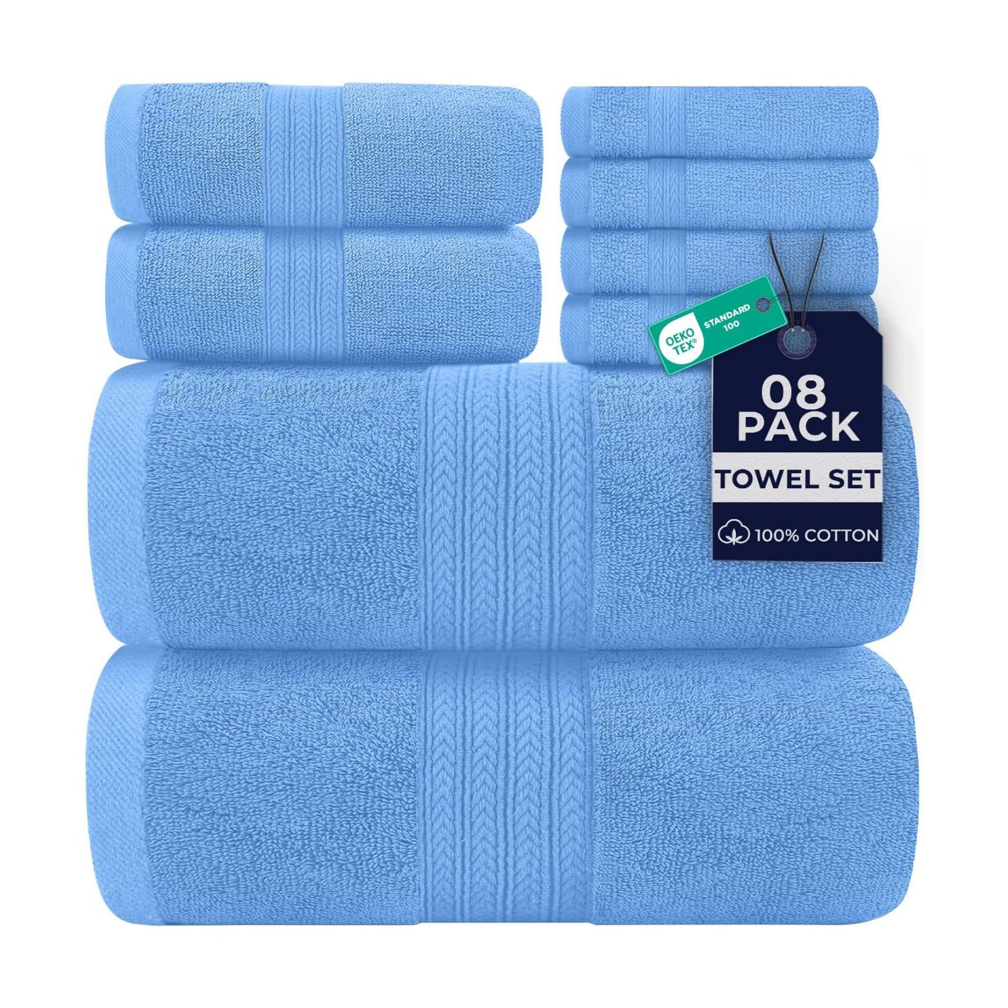 DAN RIVER 8 Piece Luxury Bath Towels for Bathroom, Towel Set, Medium Blue | 2 Bath towels, 2 Hand towels, and 4 Wash
