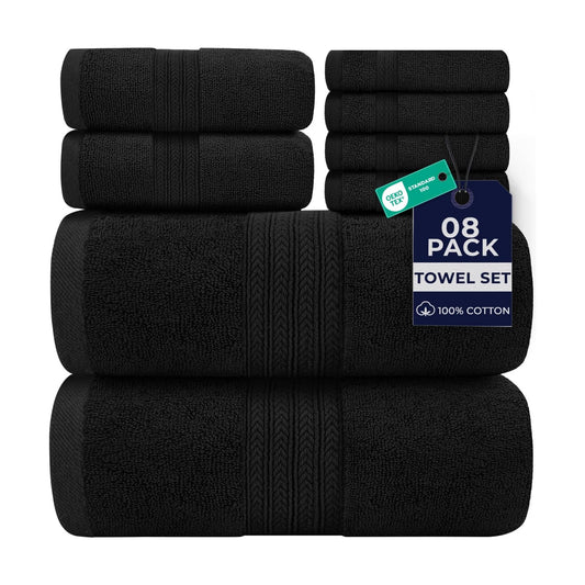 DAN RIVER 8 Piece Luxury Bath Towels for Bathroom, Towel Set, Black | 2 Bath towels, 2 Hand towels, and 4 Wash Cloths