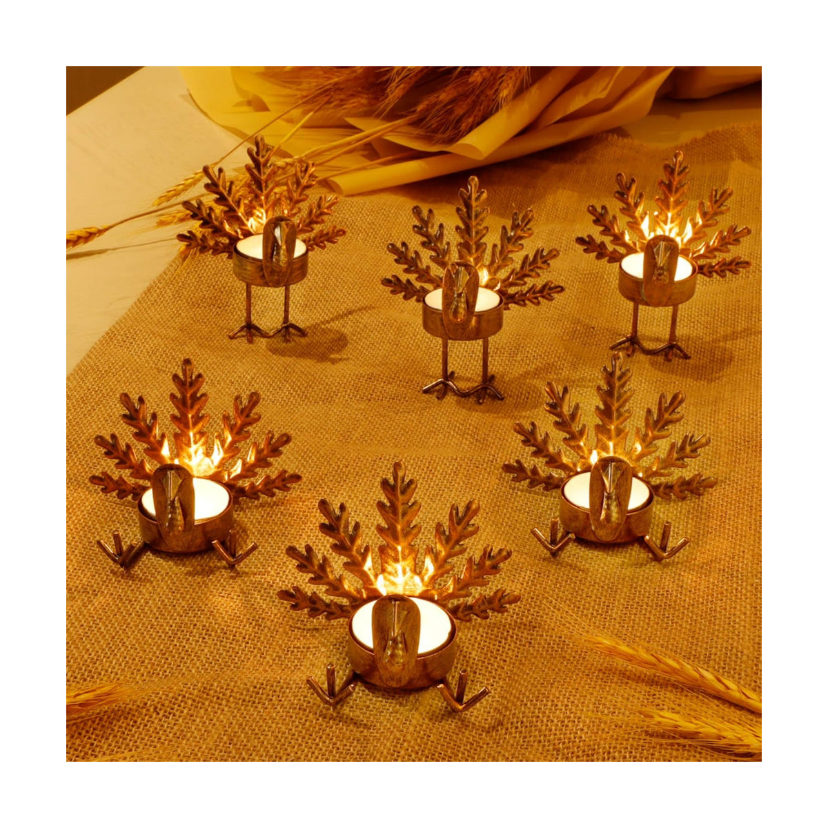 FORUP 6 Pack Metal Turkey Tea Light Candle Holders, Thanksgiving Candle Holder, Thanksgiving Home Table Decoration
