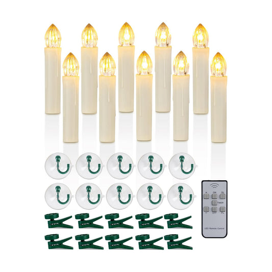 Raycare 10PCS LED Flameless Window Candles with Remote Timer, Flameless Taper Candles Light Battery Operated, Flickering Warm White Light with Clips/Suction Cups for Christmas Halloween